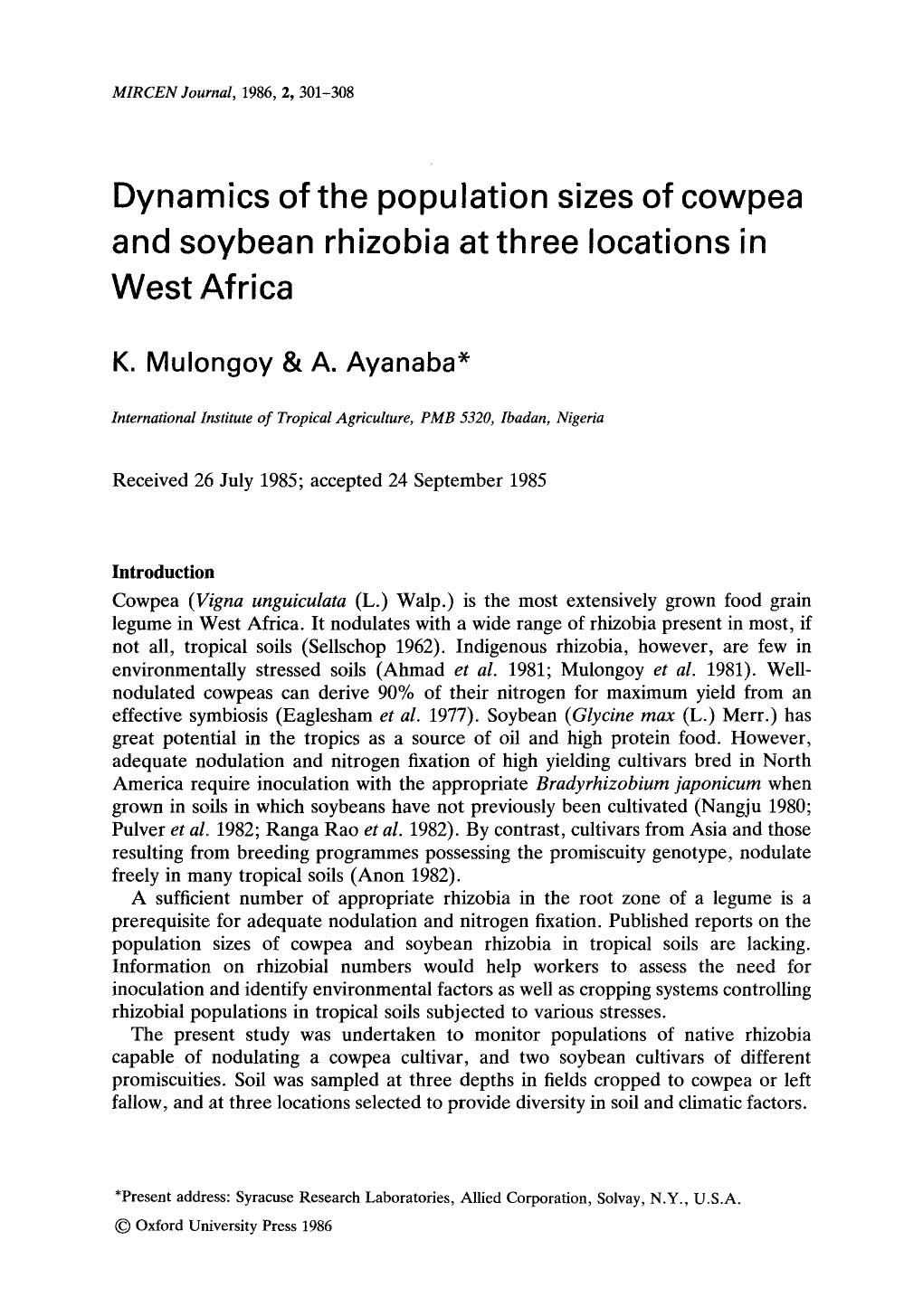 Dynamics of the population sizes of cowpea and soybean rhizobia at three locations in West Africa by Unknown