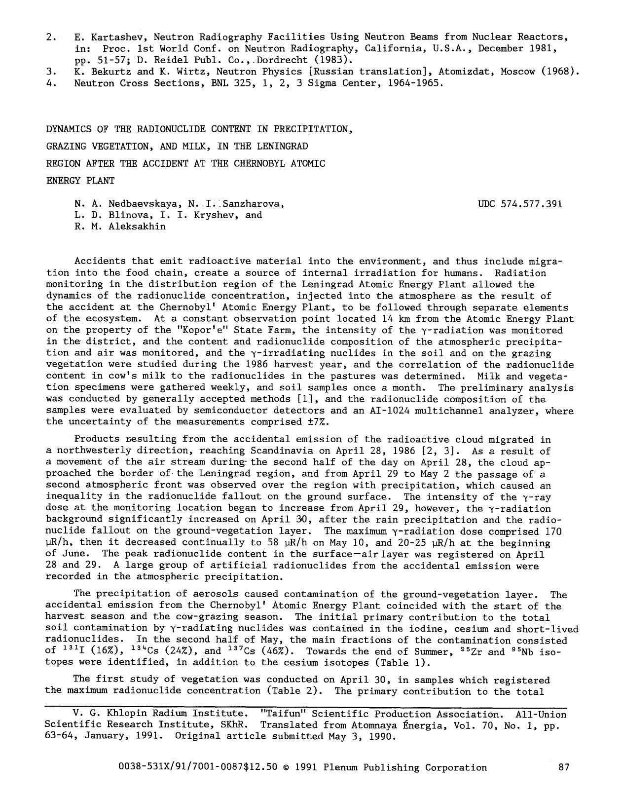 Dynamics of the radionuclide content in precipitation, grazing vegetation, and milk, in the leningrad region after the accident at the chernobyl atomic energy plant by Unknown