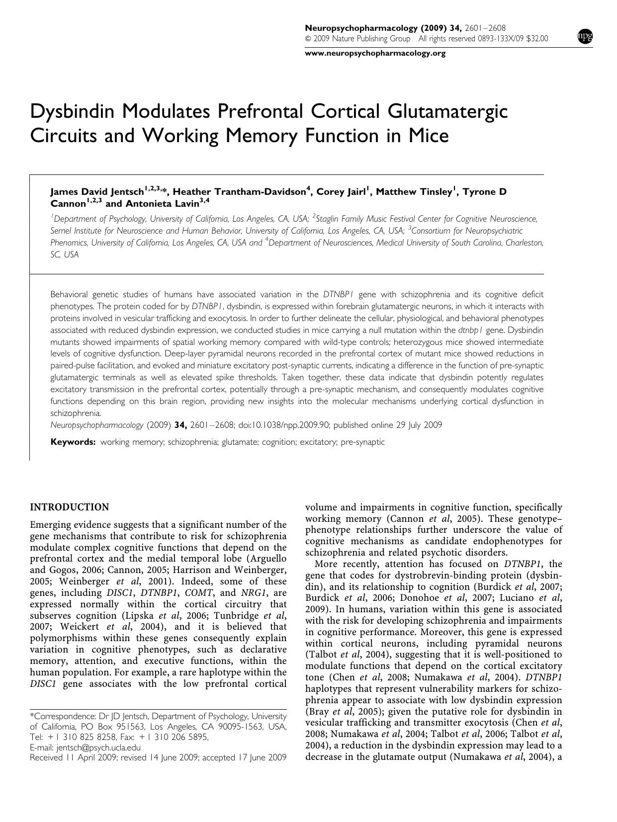 Dysbindin Modulates Prefrontal Cortical Glutamatergic Circuits and Working Memory Function in Mice by unknow