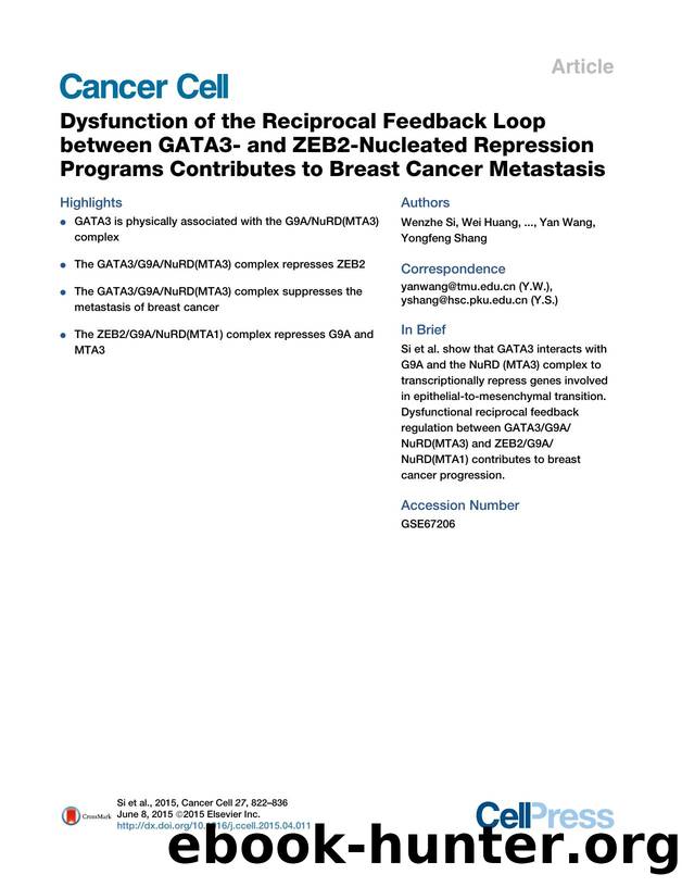 Dysfunction of the Reciprocal Feedback Loop between GATA3- and ZEB2-Nucleated Repression Programs Contributes to Breast Cancer Metastasis by unknow