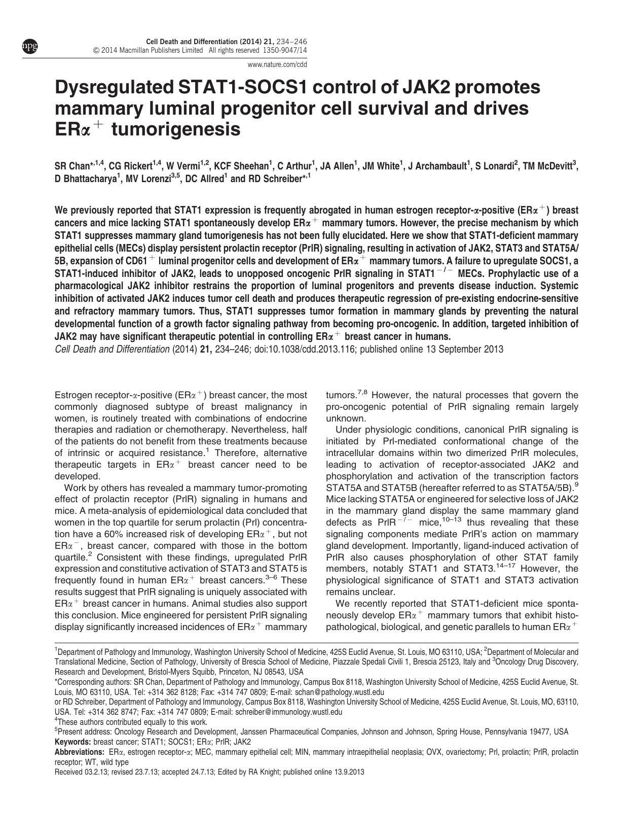 Dysregulated STAT1-SOCS1 control of JAK2 promotes mammary luminal progenitor cell survival and drives ER&alpha;&plus; tumorigenesis by unknow