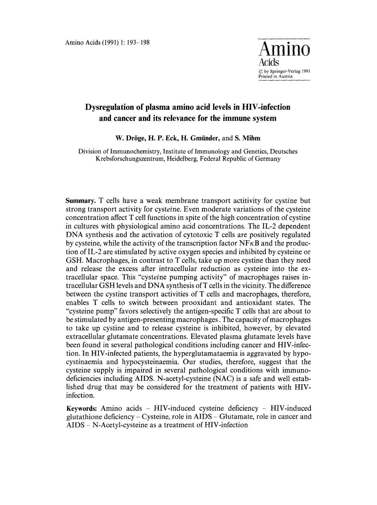 Dysregulation of plasma amino acid levels in HIV-infection and cancer and its relevance for the immune system by Unknown