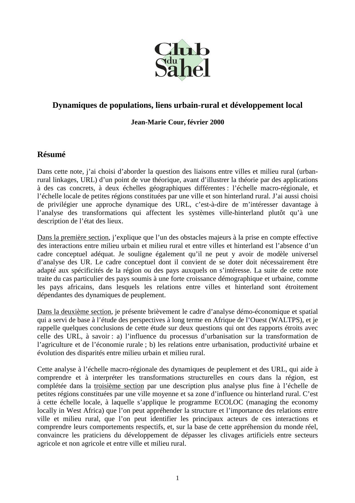 EÌcoloc - GeÌrer lâeÌconomie localement en Afrique - Evaluation et prospective / Suites Dynamiques de populations, liens urbain-rural et deÌveloppement local. by OECD