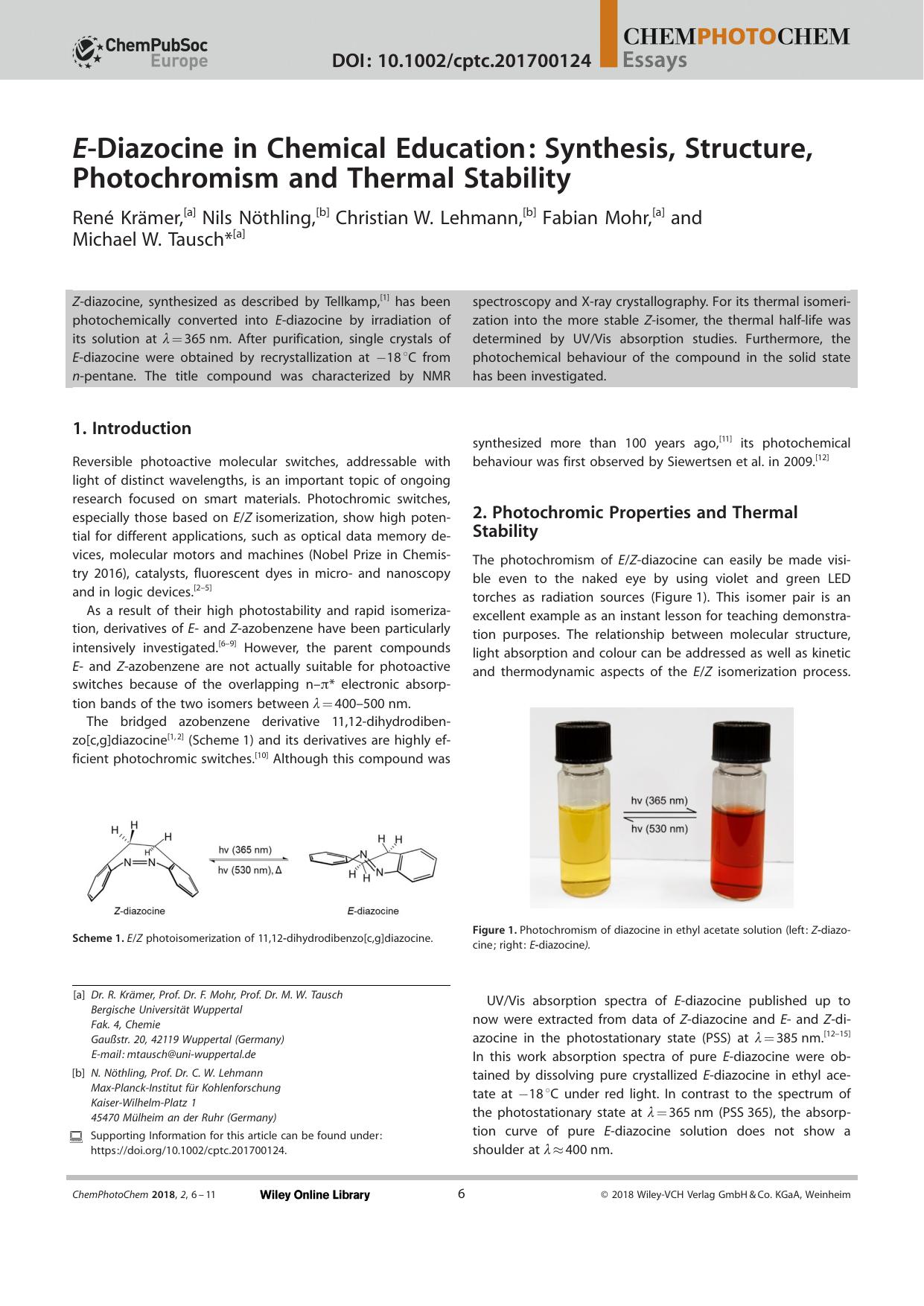EâDiazocine in Chemical Education: Synthesis, Structure, Photochromism and Thermal Stability by Unknown