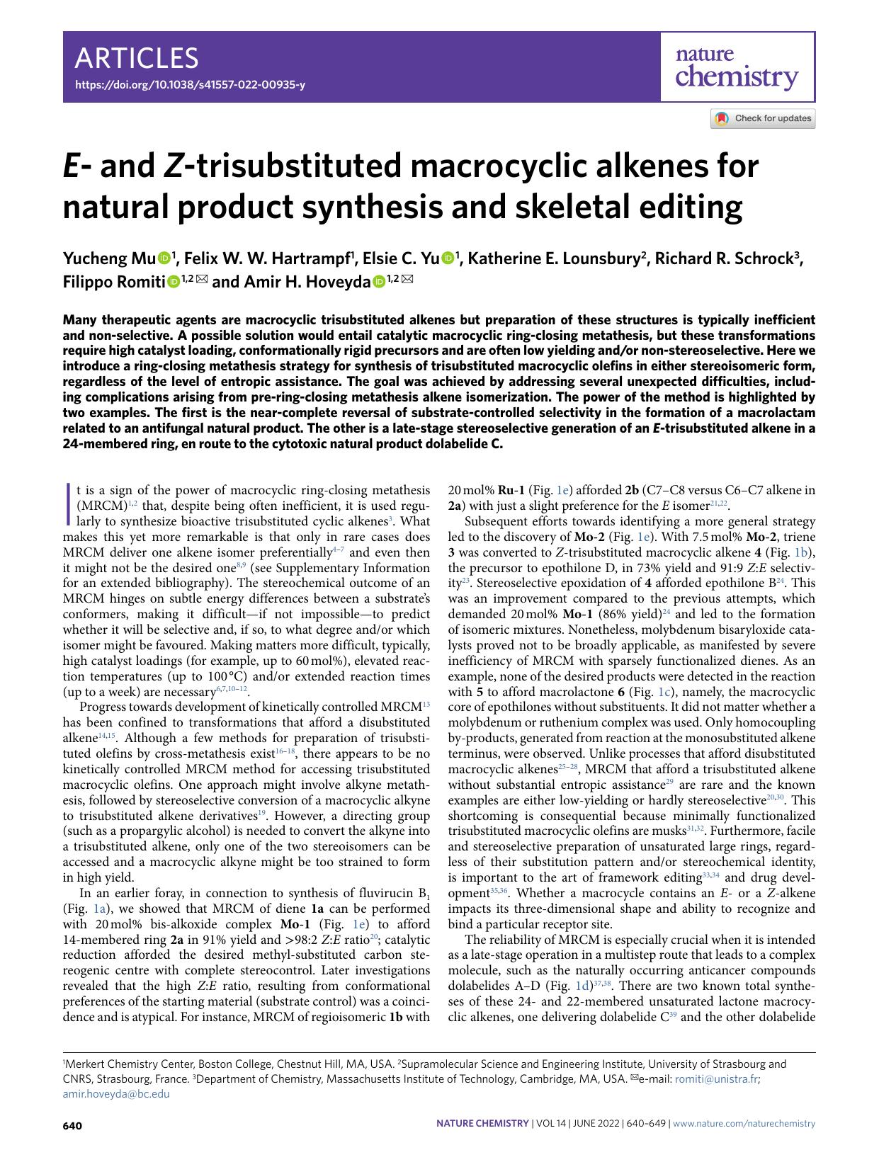 E- and Z-trisubstituted macrocyclic alkenes for natural product synthesis and skeletal editing by unknow