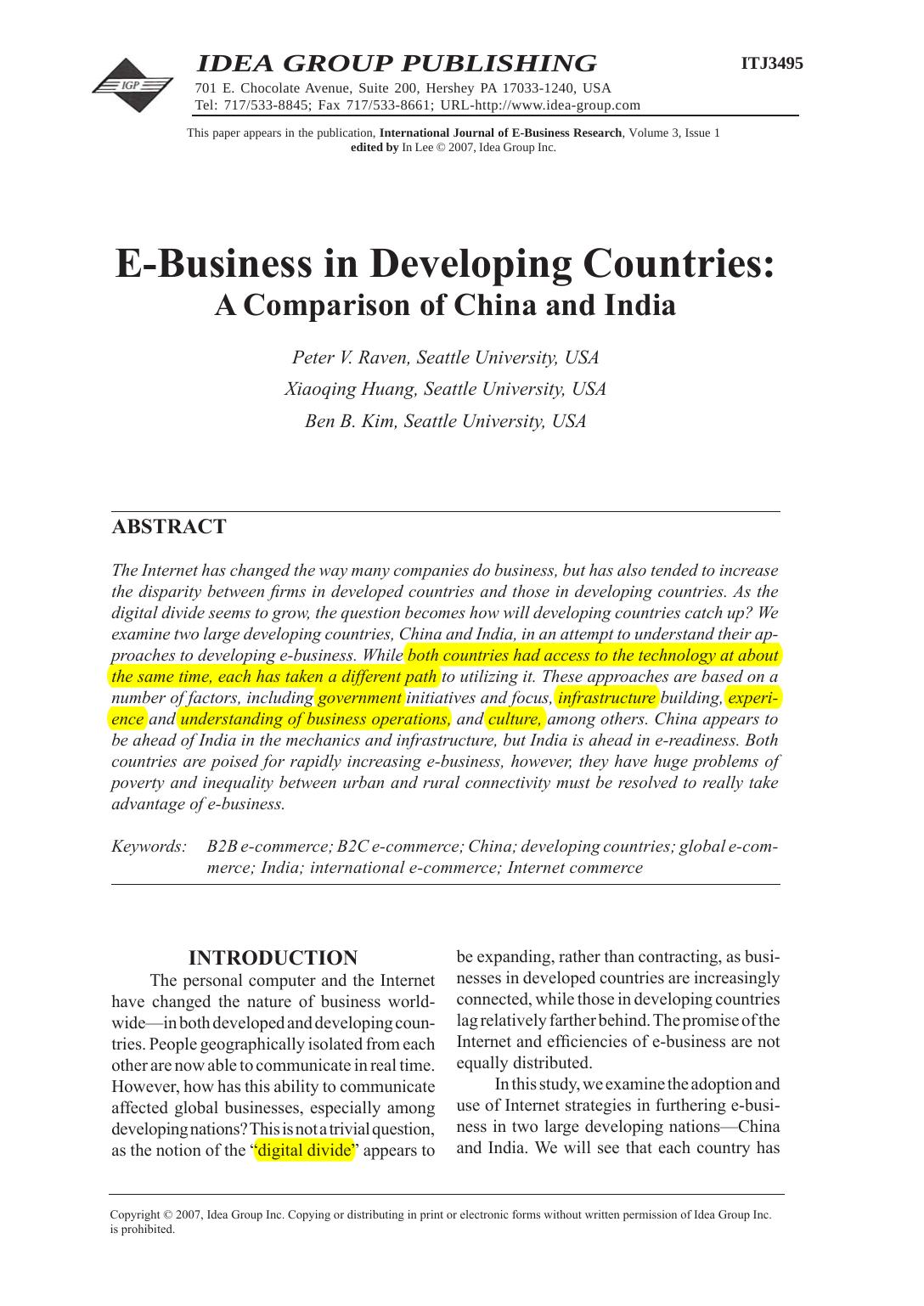 E-Business in Developing Countries: A Comparison of China and India by Peter V. Raven. Xiaoqing Huang Ben B. Kim