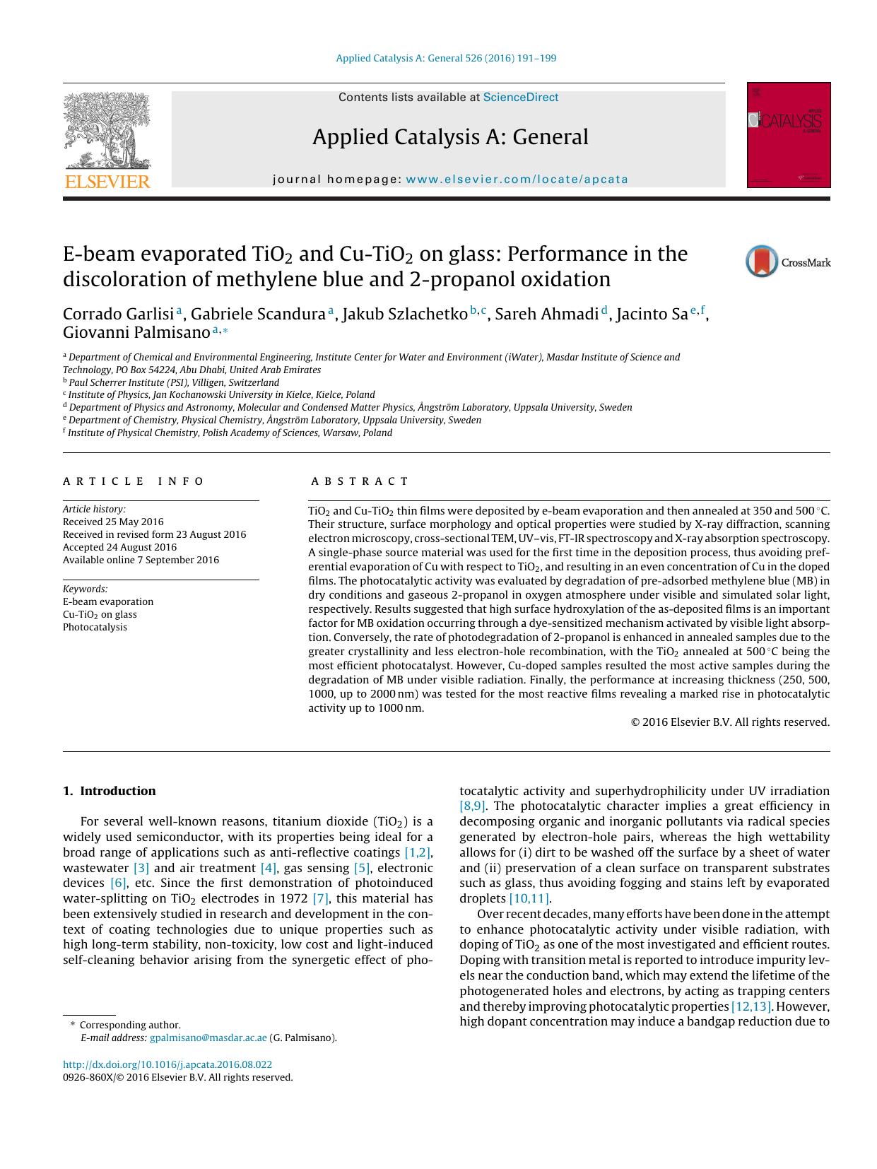 E-beam evaporated TiO2 and Cu-TiO2 on glass: Performance in the discoloration of methylene blue and 2-propanol oxidation by unknow