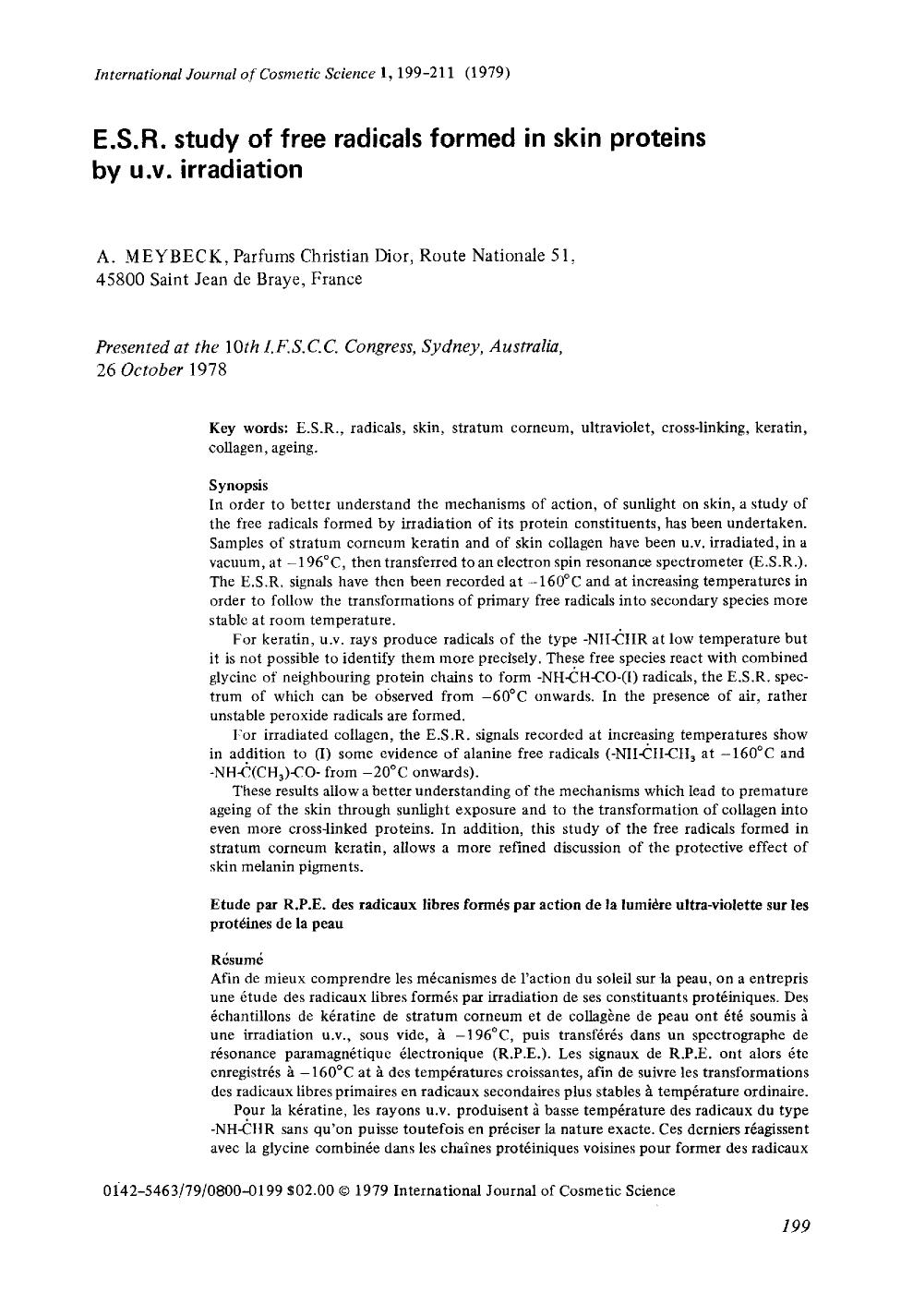 E.S.R. study of free radicals formed in skin proteins by u.v. irradiation by Unknown