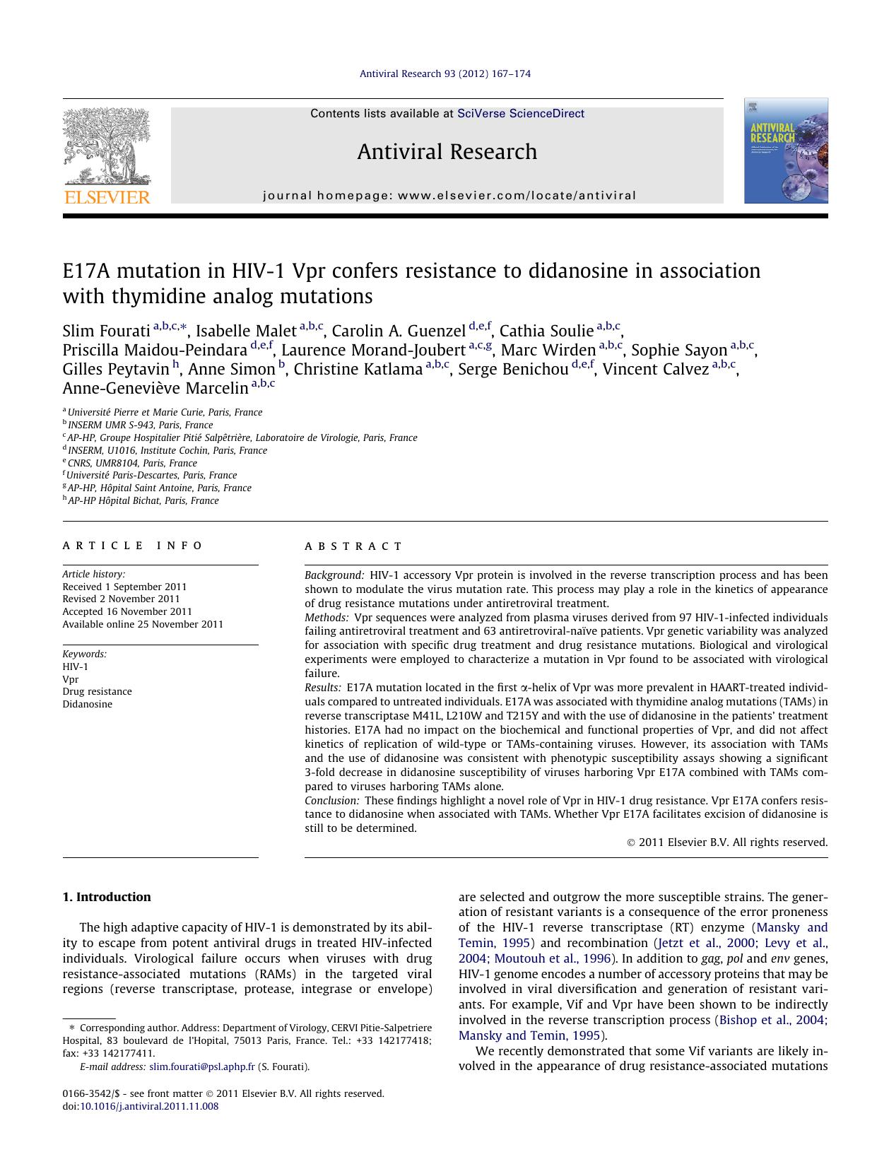 E17A mutation in HIV-1 Vpr confers resistance to didanosine in association with thymidine analog mutations by unknow