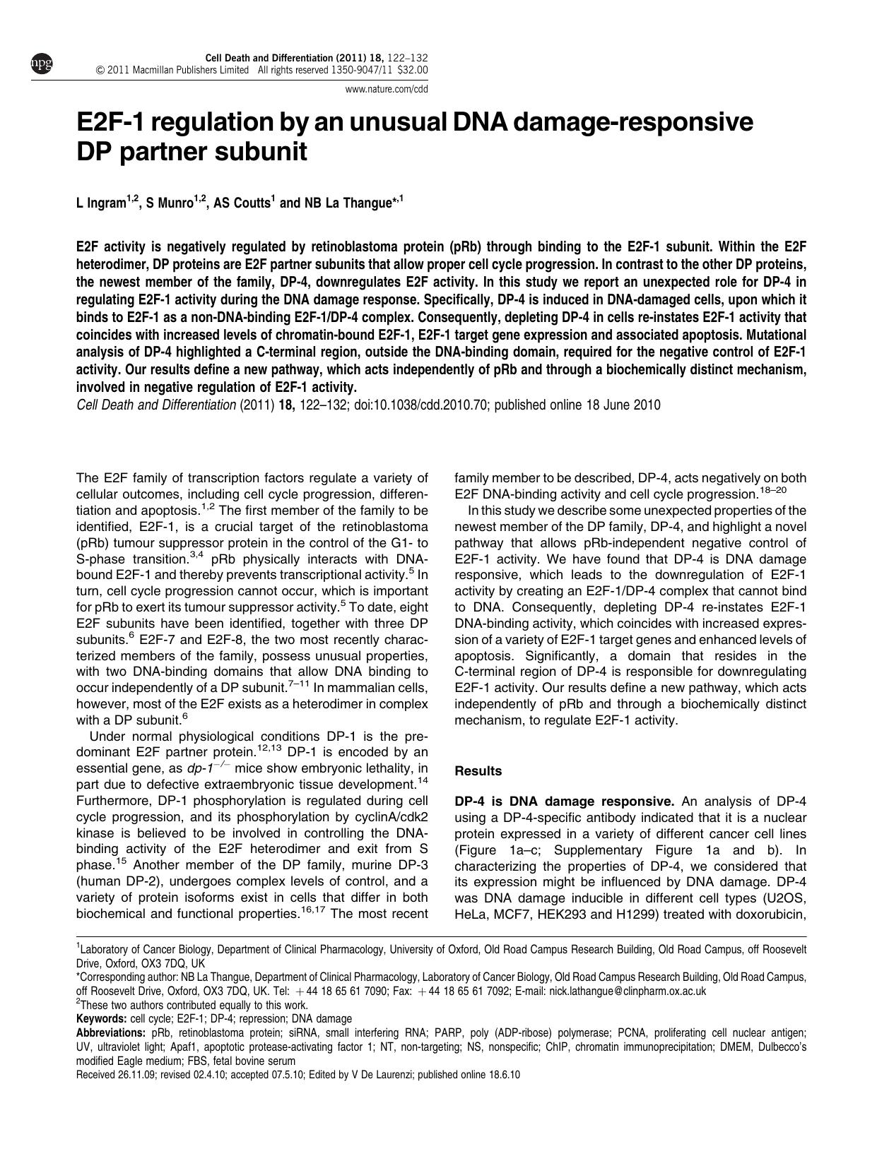 E2F-1 regulation by an unusual DNA damage-responsive DP partner subunit by L Ingram & S Munro & A S Coutts & N B La Thangue