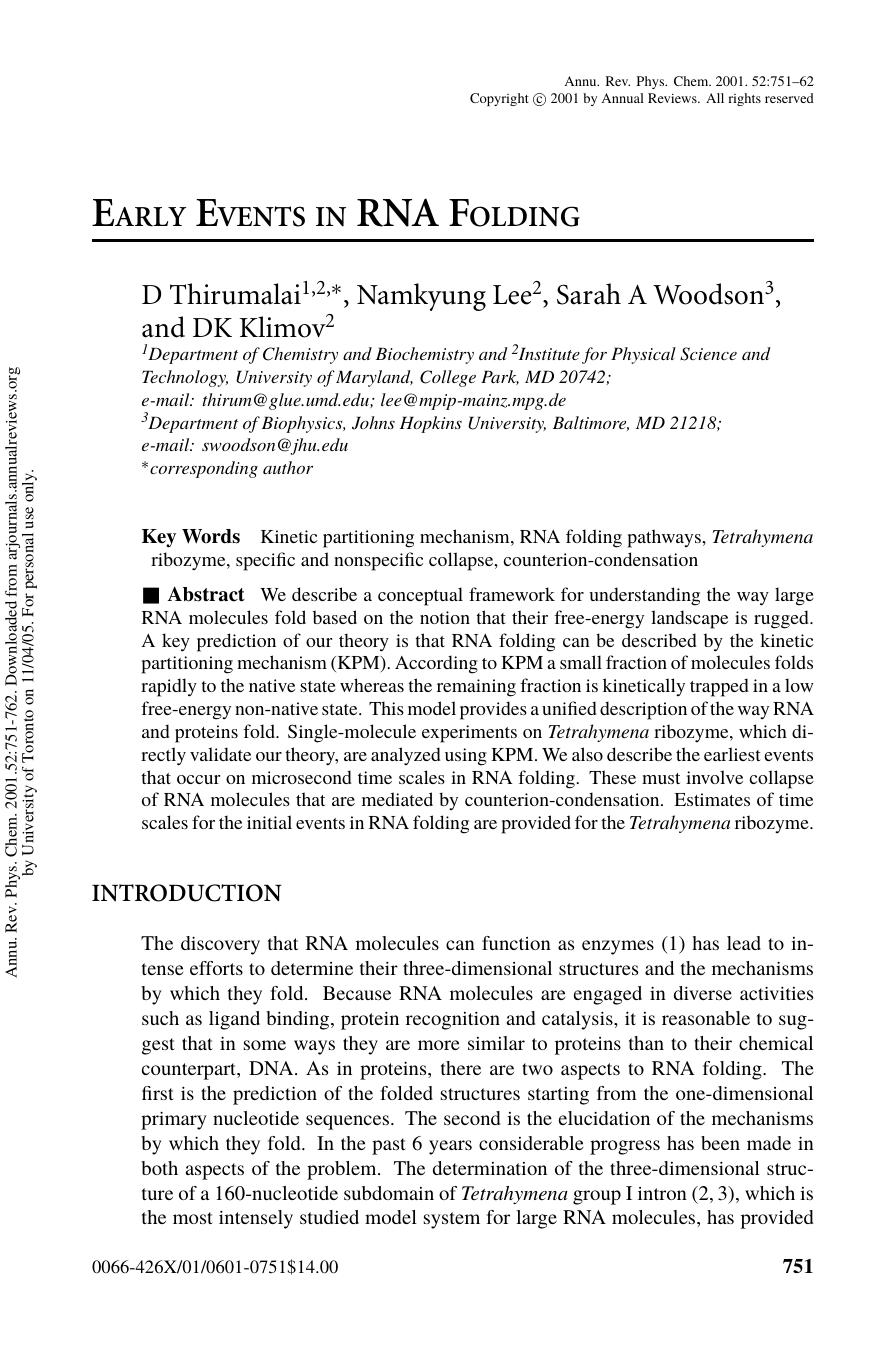 EARLY EVENTS IN RNA FOLDING by D Thirumalai Namkyung Lee Sarah A Woodson & DK Klimov