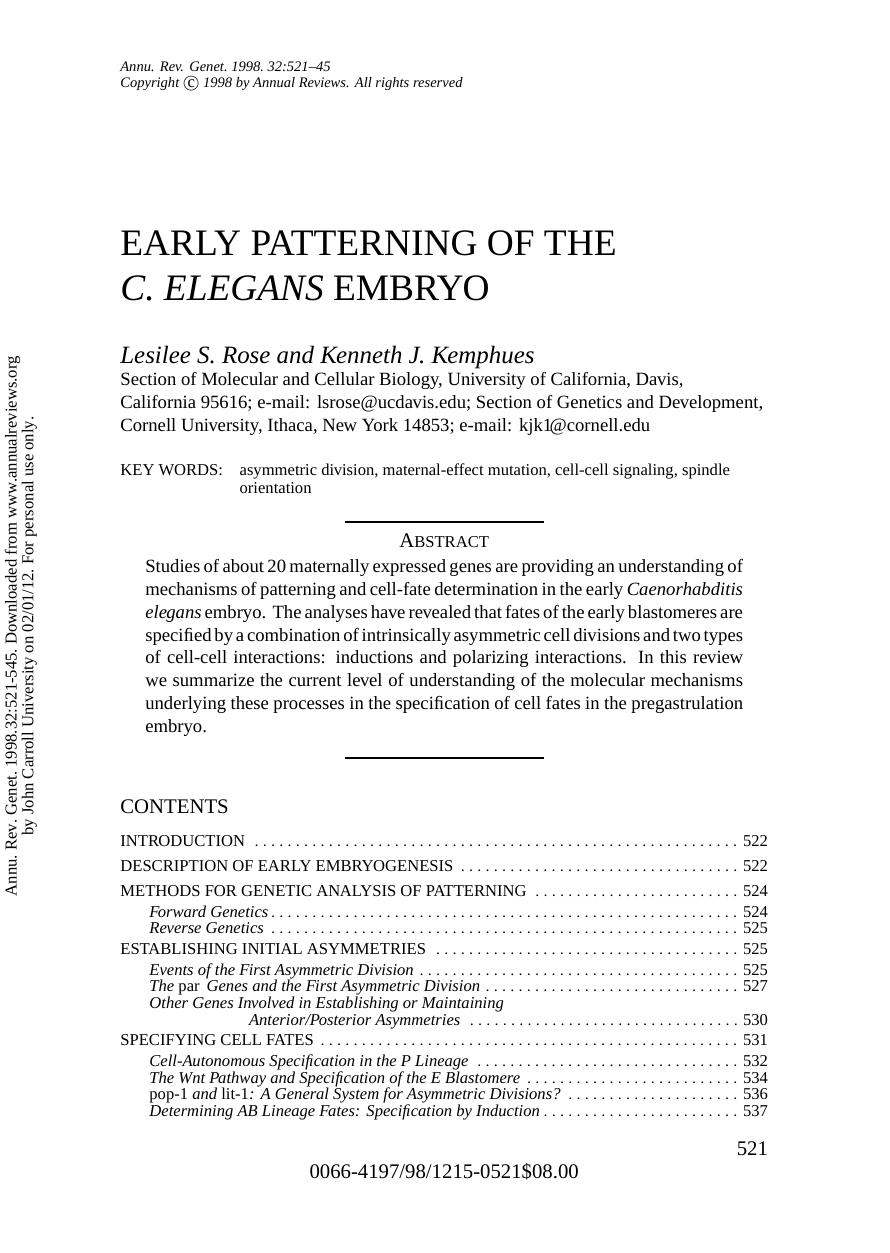 EARLY PATTERNING OF THE C. ELEGANS EMBRYO by Lesilee S. Rose & Kenneth J. Kemphues