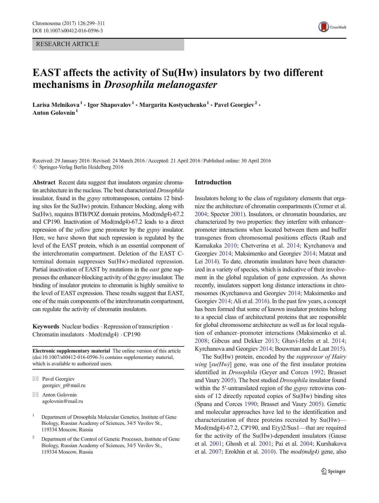 EAST affects the activity of Su(Hw) insulators by two different mechanisms in Drosophila melanogaster by Larisa Melnikova & Igor Shapovalov & Margarita Kostyuchenko & Pavel Georgiev & Anton Golovnin