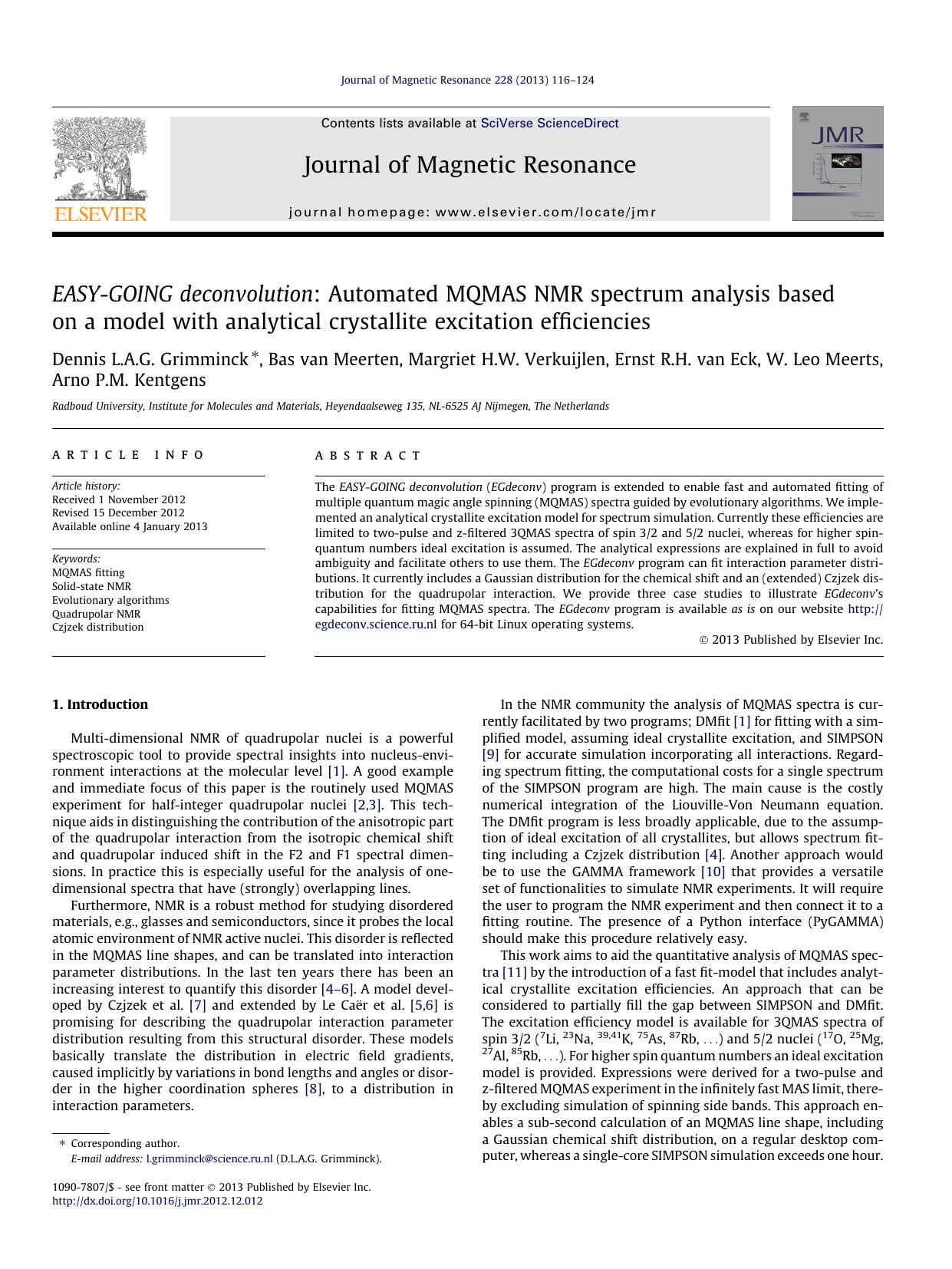 EASY-GOING deconvolution: Automated MQMAS NMR spectrum analysis based on a model with analytical crystallite excitation efficiencies by unknow