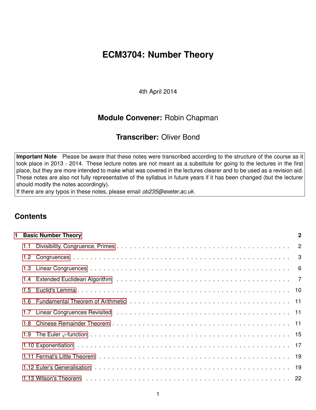 ECM3704: Number Theory [Lecture notes] by Robin Chapman with O. Bond