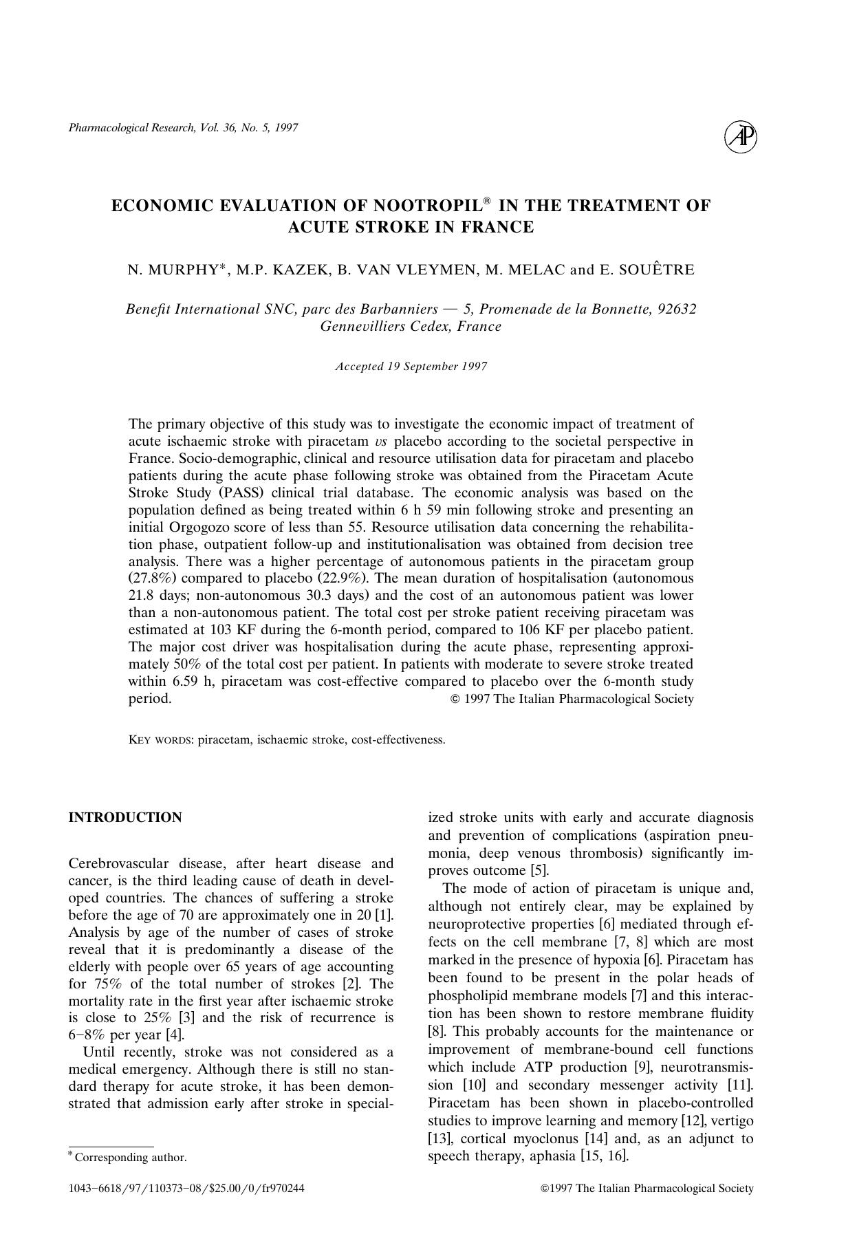 ECONOMIC EVALUATION OF NOOTROPIL IN THE TREATMENT OF ACUTE STROKE IN FRANCE by MURPHY N. ET AL