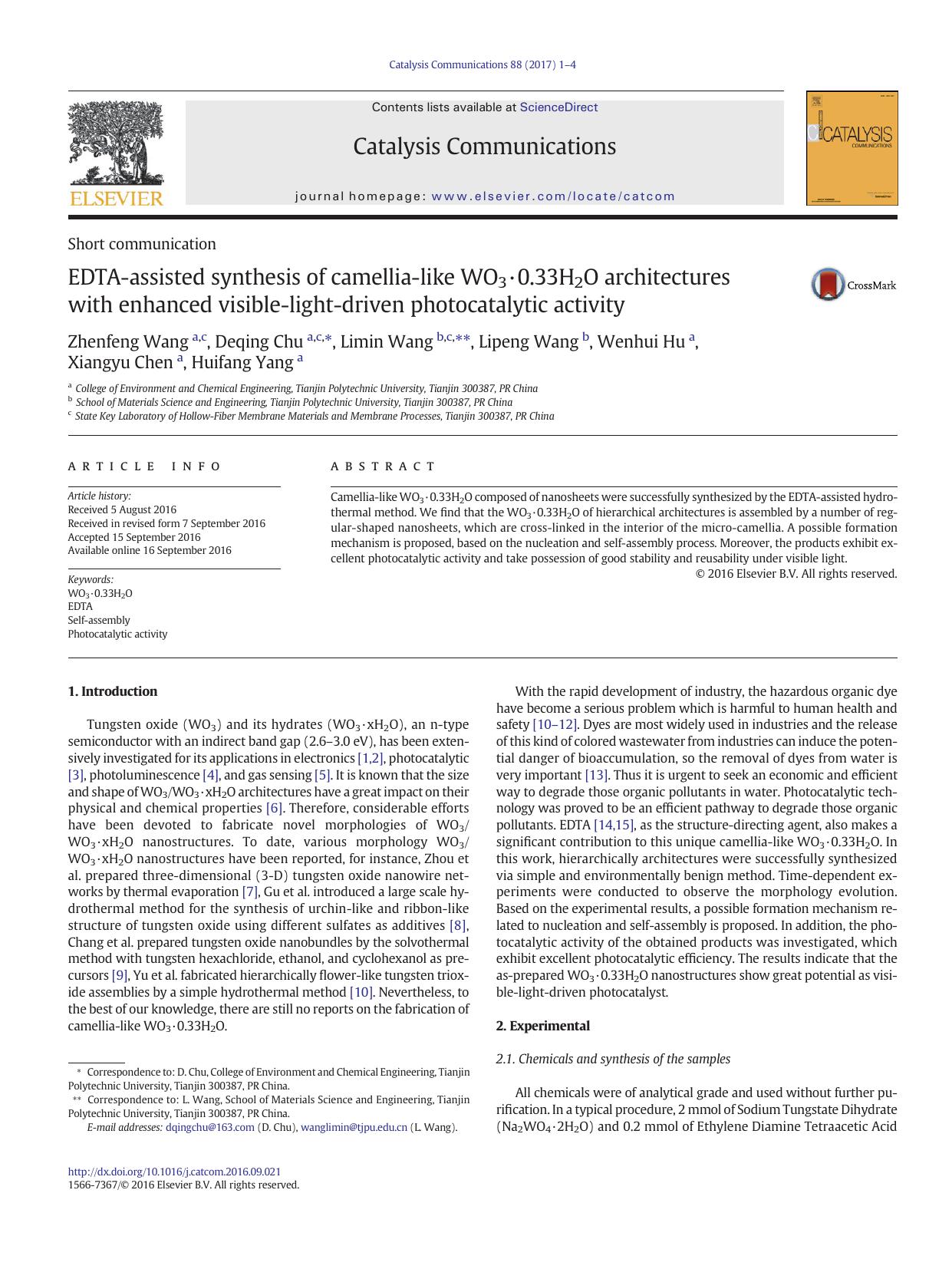 EDTA-assisted synthesis of camellia-like WO3Â·0.33H2O architectures with enhanced visible-light-driven photocatalytic activity by Zhenfeng Wang & Deqing Chu & Limin Wang & Lipeng Wang & Wenhui Hu & Xiangyu Chen & Huifang Yang