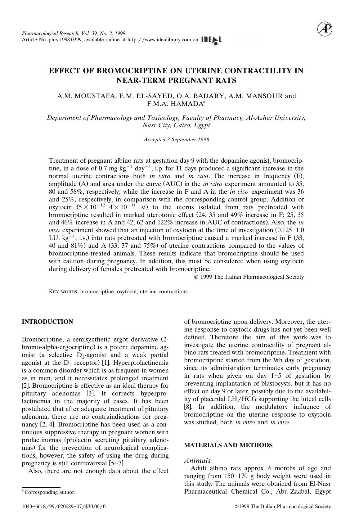 EFFECT OF BROMOCRIPTINE ON UTERINE CONTRACTILITY IN NEAR-TERM PREGNANT RATS by Moustafa A.M. et al