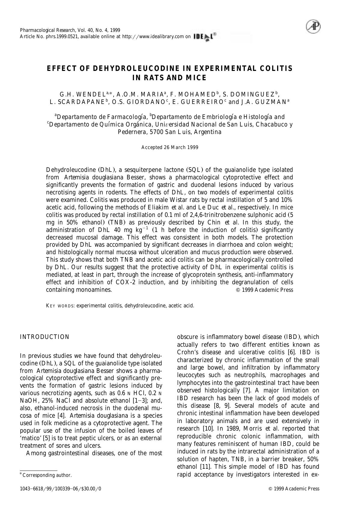 EFFECT OF DEHYDROLEUCODINE IN EXPERIMENTAL COLITIS IN RATS AND MICE by Wendel G.H. et al
