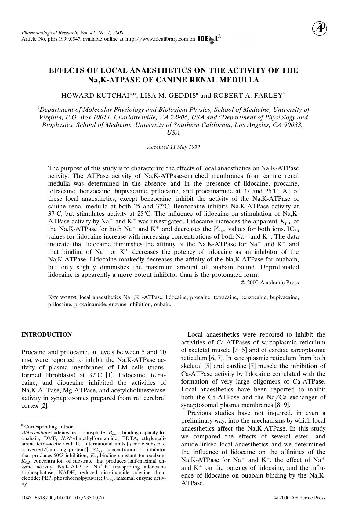 EFFECTS OF LOCAL ANASTHETICS ON THE ACTIVITY OF THE Na,K-ATPASE OF CANINE RENAL MEDULLA by KUTCHAI H. et al