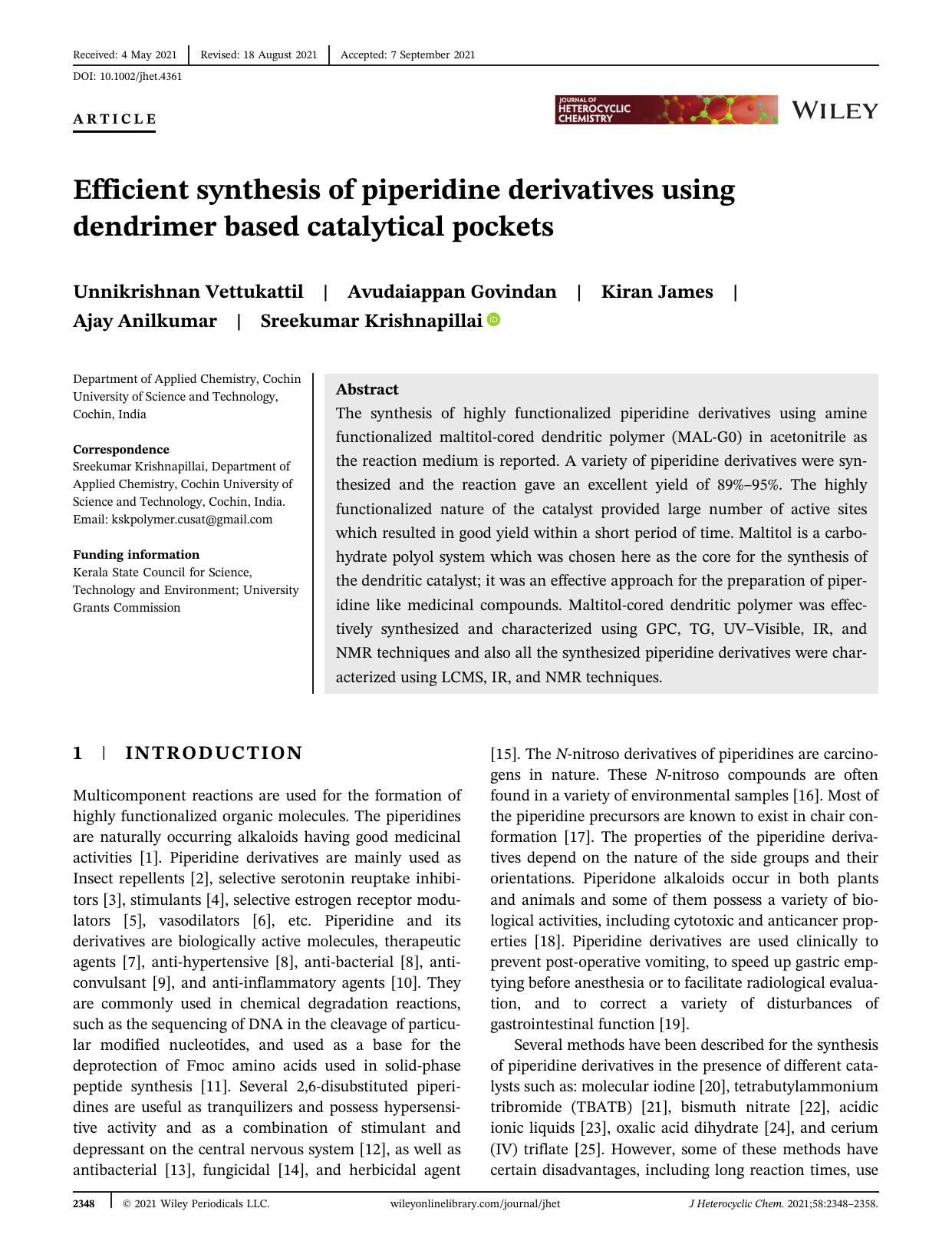 EFFICIENT SYNTHESIS OF PIPERIDINE DERIVATIVES USING DENDRIMER BASED CATALYTICAL POCKETS by Unknown