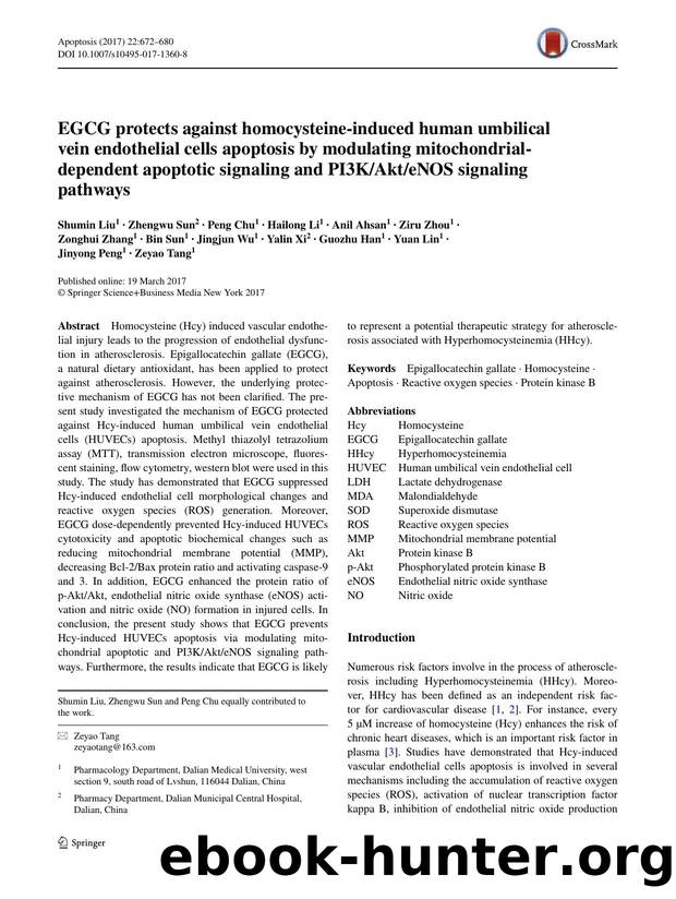 EGCG protects against homocysteine-induced human umbilical vein endothelial cells apoptosis by modulating mitochondrial-dependent apoptotic signaling and PI3KAkteNOS signaling pathways by Shumin Liu