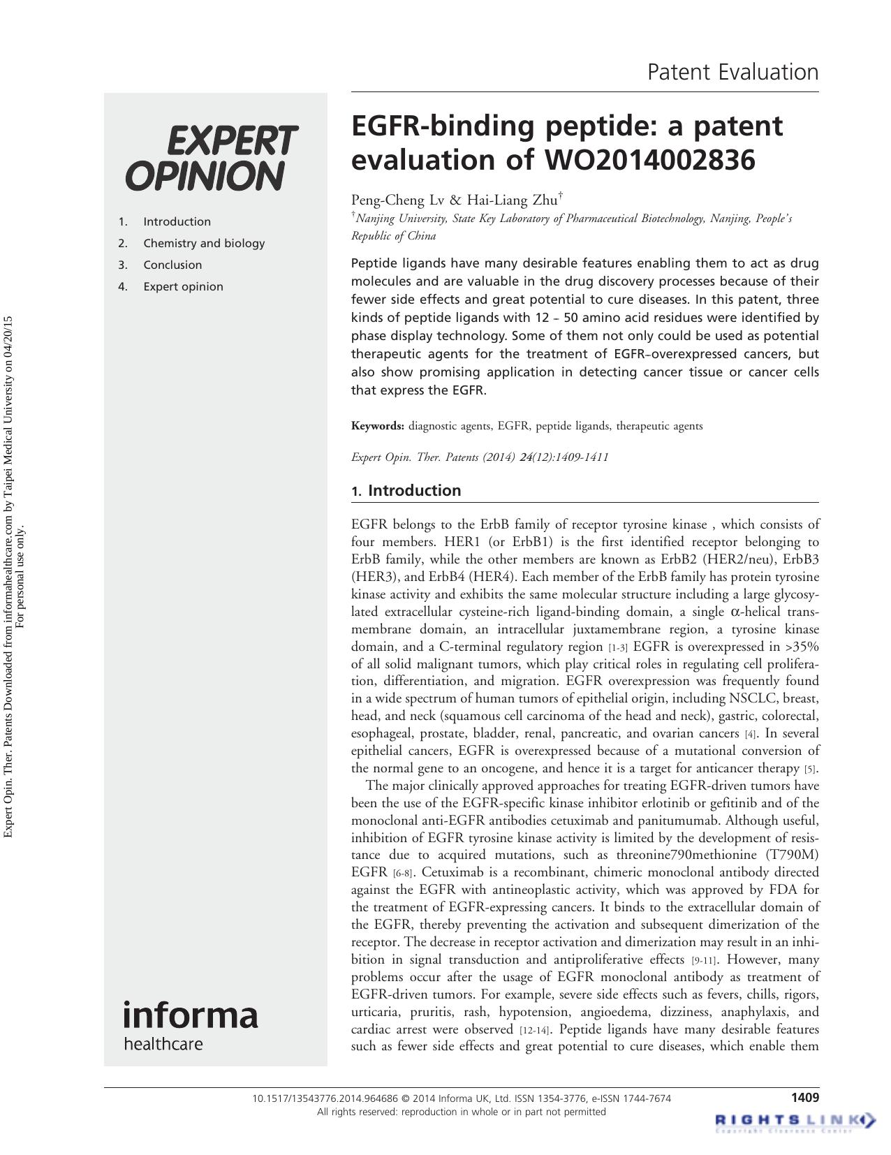 EGFR-binding peptide: a patent evaluation of WO2014002836 by Peng-Cheng Lv Hai-Liang Zhu