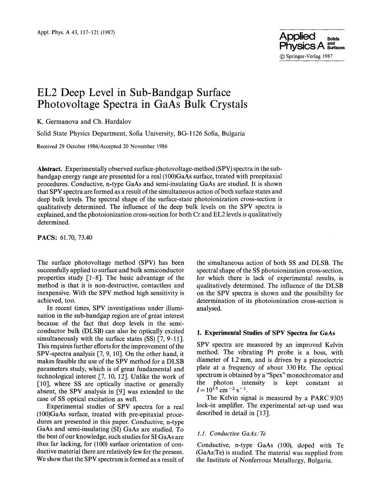 EL2 deep level in sub-bandgap surface photovoltage spectra in GaAs bulk crystals by Unknown