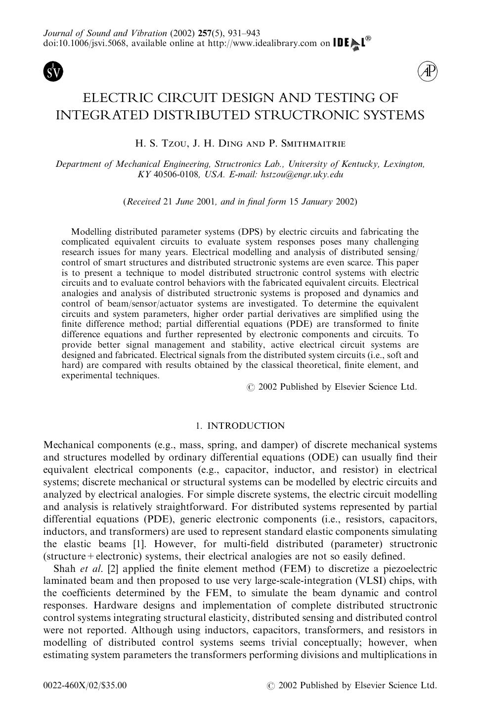 ELECTRIC CIRCUIT DESIGN AND TESTING F INTEGRATED DISTRIBUTED STRUCTRONIC SYSTEMS by TZOU H. S. et al