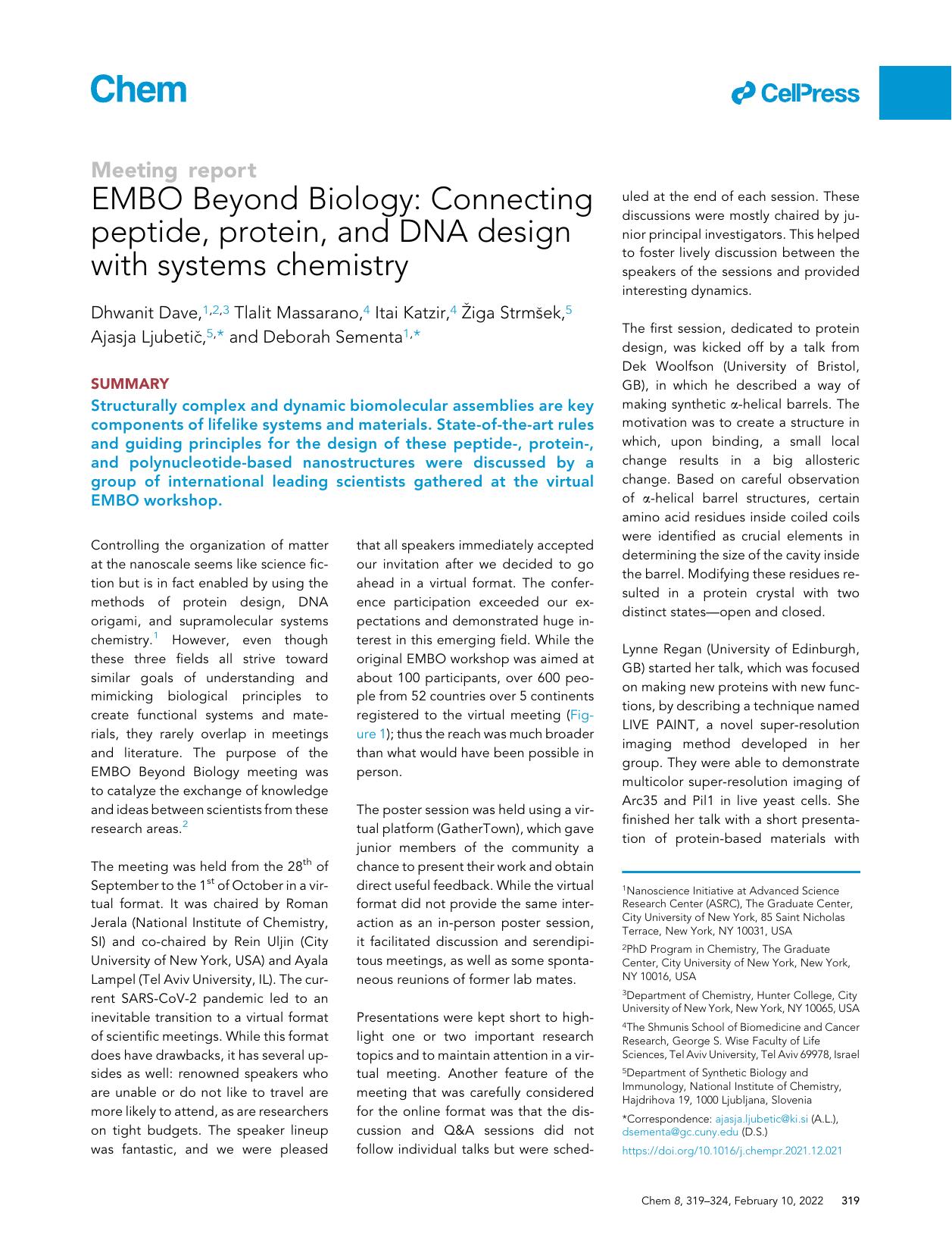 EMBO Beyond Biology: Connecting peptide, protein, and DNA design with systems chemistry by Dhwanit Dave & Tlalit Massarano & Itai Katzir & Žiga Strmšek & Ajasja Ljubetič & Deborah Sementa