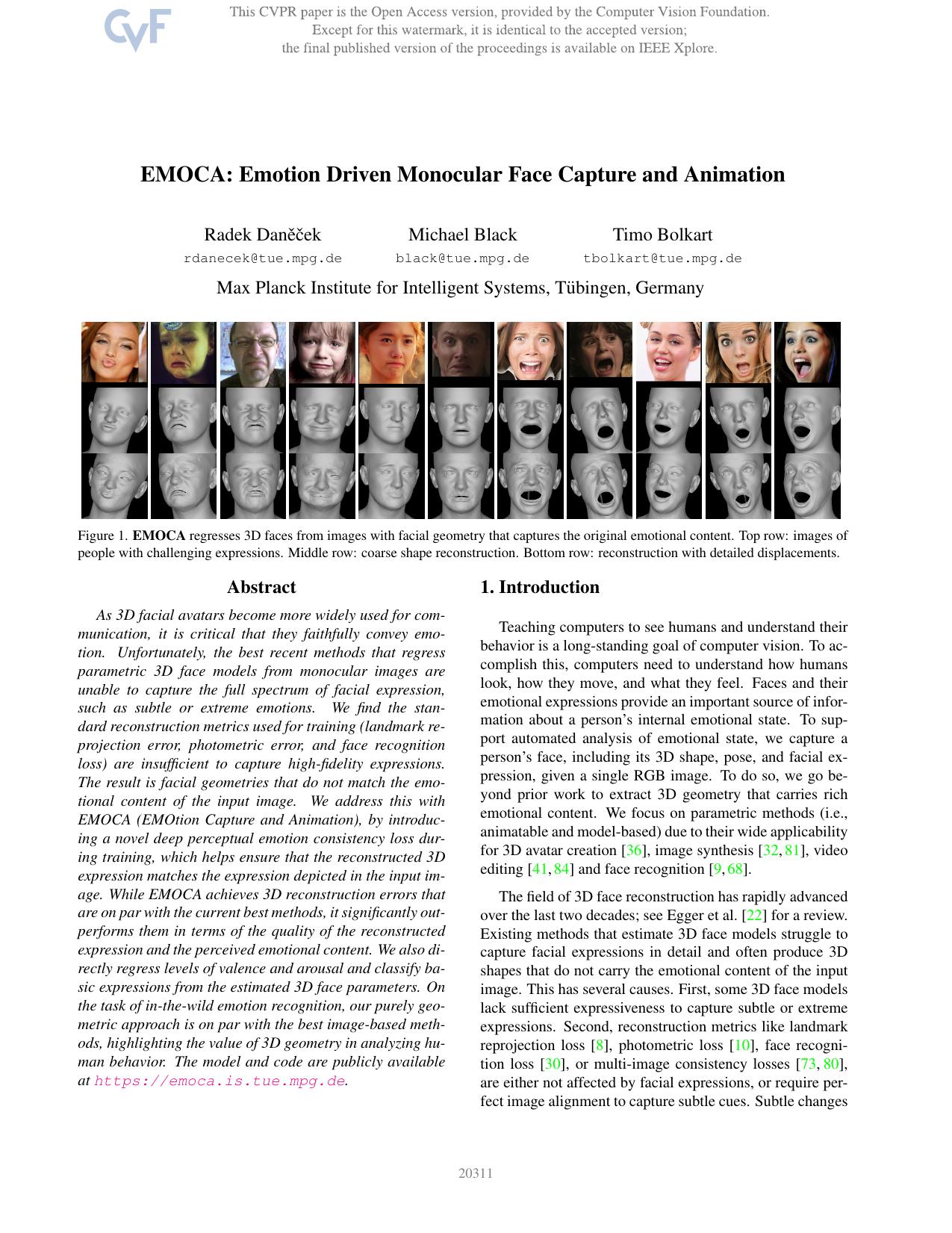 EMOCA: Emotion Driven Monocular Face Capture and Animation by Radek Danecek & Michael J. Black & Timo Bolkart