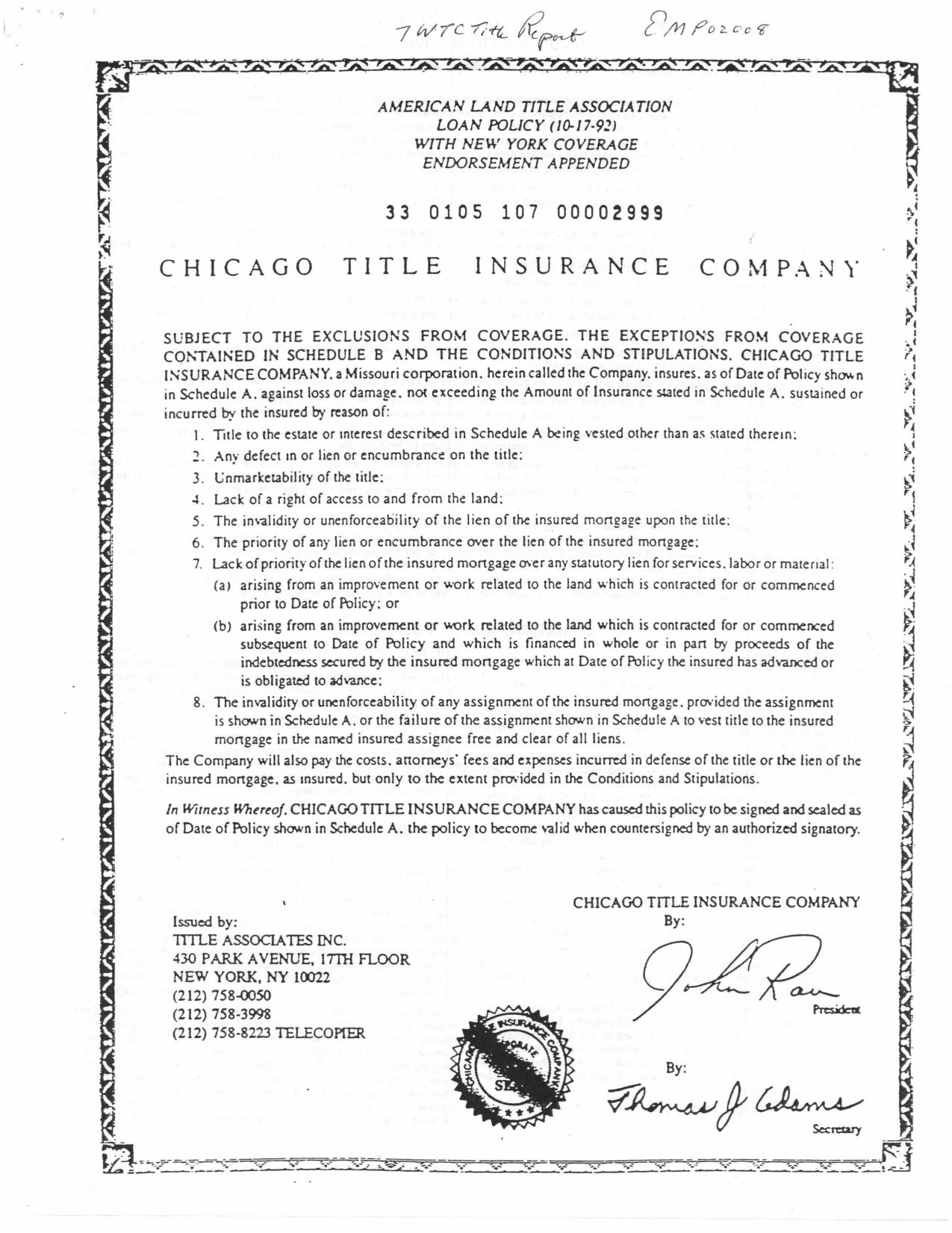 EMP 02008 WTC7 Title Report Chicago Title Insurance Company OCR by Unknown