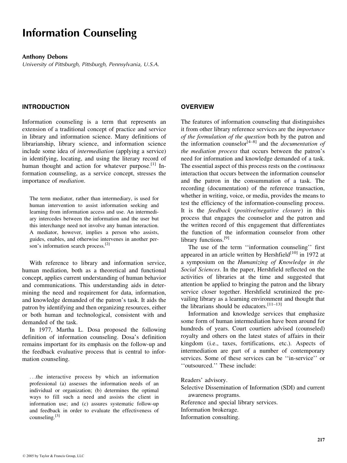 ENCYCLOPEDIA OF LIBRARY AND INFORMATION SCIENCE, SECOND EDITION by Anthony Debons