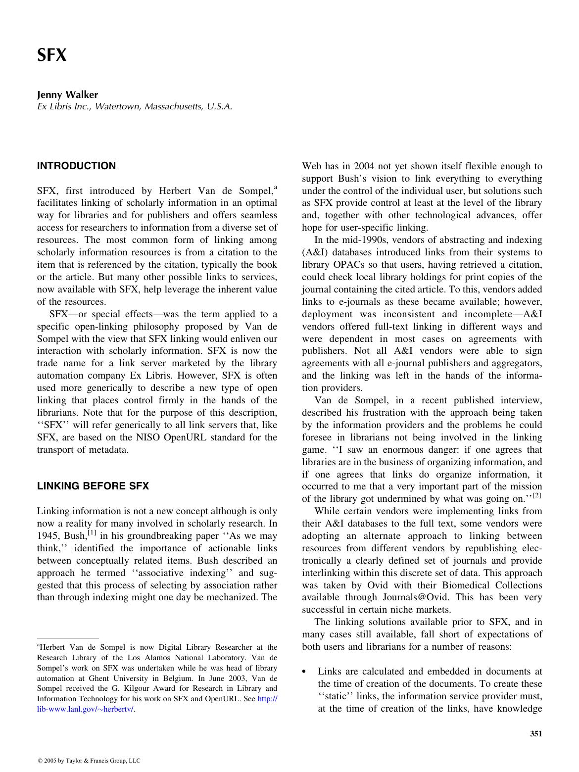 ENCYCLOPEDIA OF LIBRARY AND INFORMATION SCIENCE, SECOND EDITION by Jenny Walker