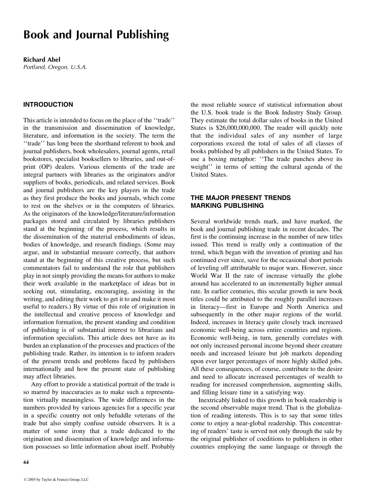 ENCYCLOPEDIA OF LIBRARY AND INFORMATION SCIENCE, SECOND EDITION by Richard Abel