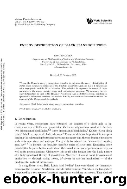 ENERGY DISTRIBUTION OF BLACK PLANE SOLUTIONS by PAUL HALPERN