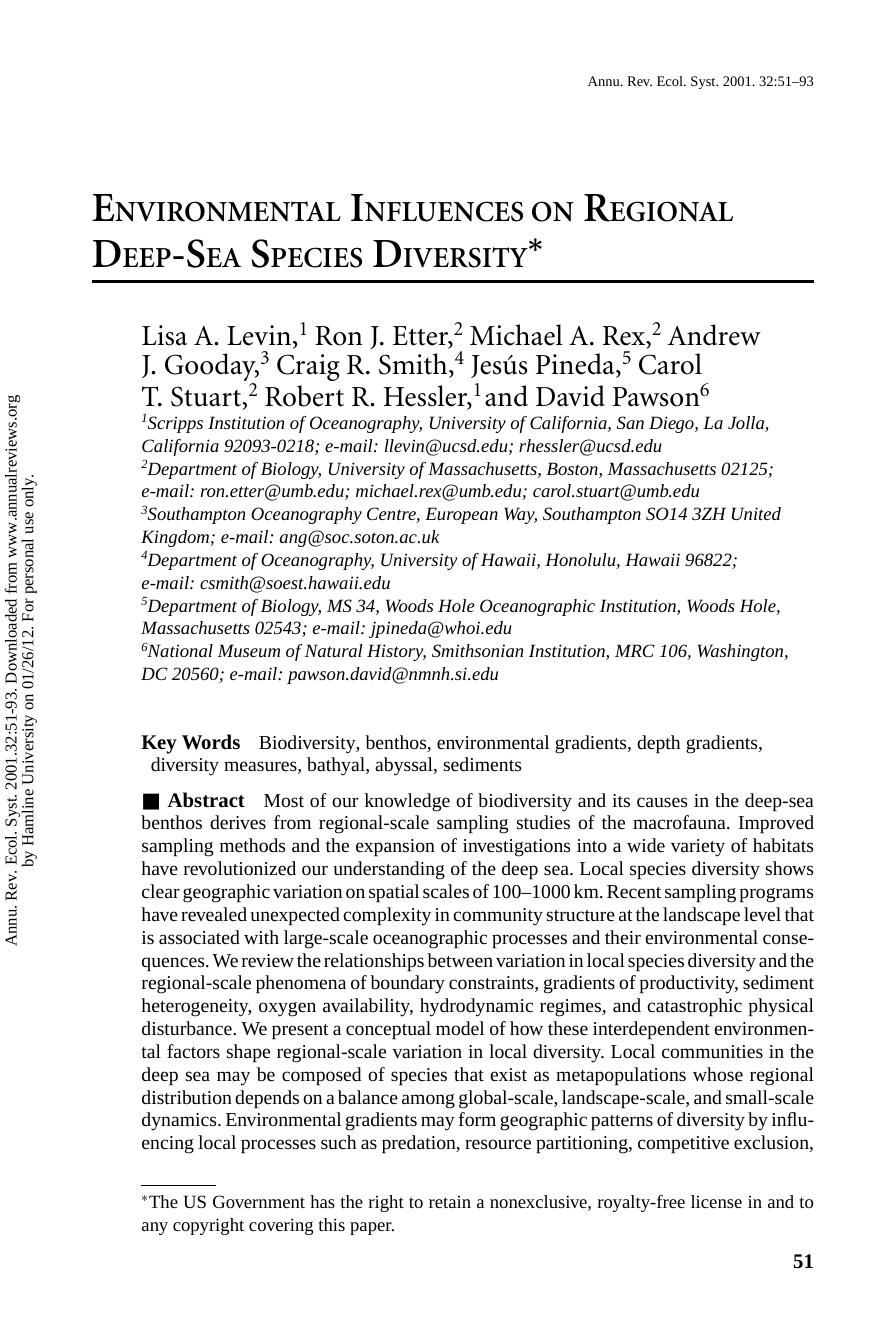 ENVIRONMENTAL INFLUENCES ON REGIONAL DEEP-SEA SPECIES DIVERSITY1 by unknow