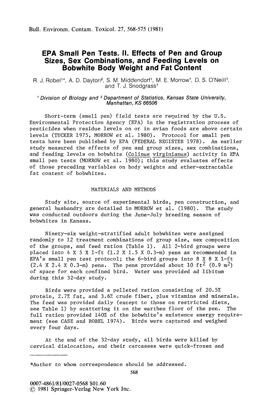 EPA Small pen tests. II. effects of pen and group sizes, sex combinations, and feeding levels on bobwhite body weight and fat content by Unknown