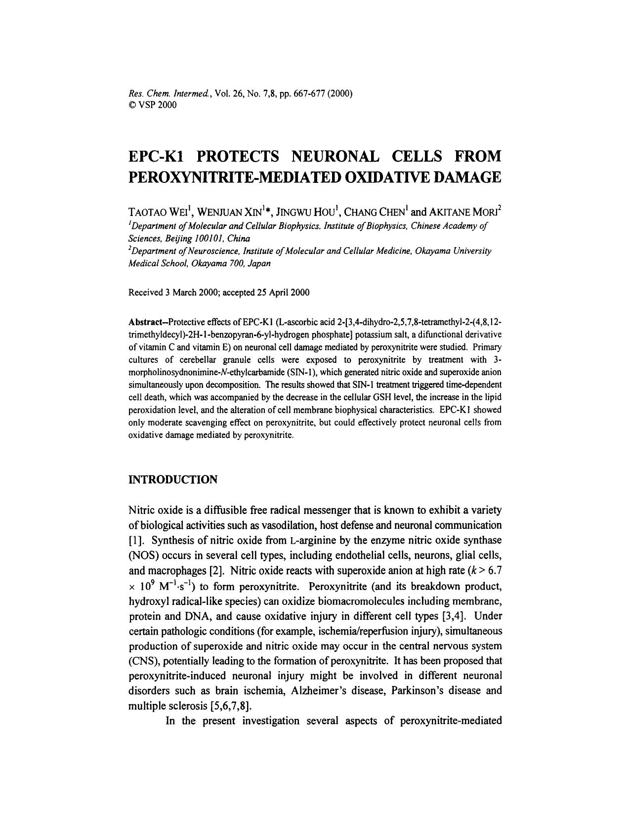 EPC-K1 protects neuronal cells from peroxynitrite-mediated oxidative damage by Unknown