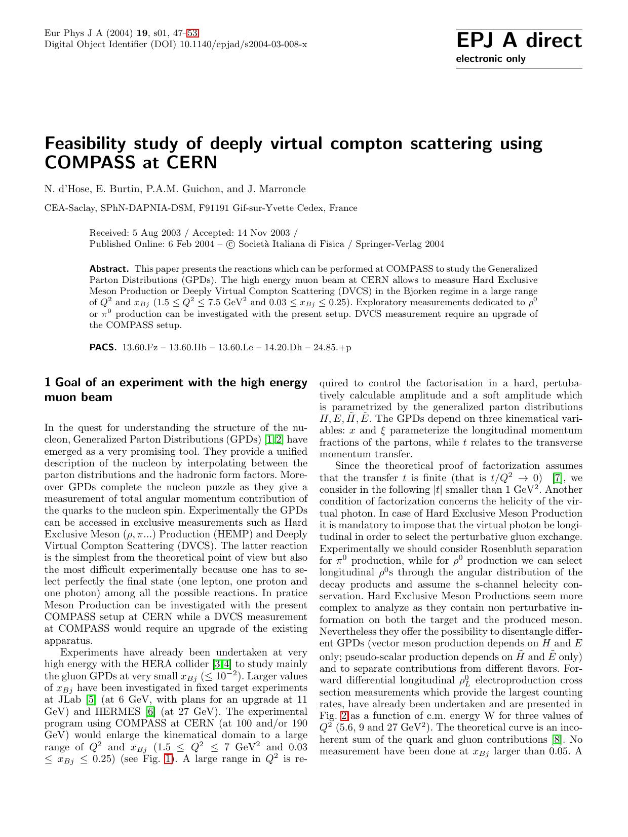 EPJ A direct 19, 1 - Feasibility study of deeply virtual compton scattering using COMPASS at CERN by N. d'Hose E. Burtin P.A.M. Guichon & J. Marroncle