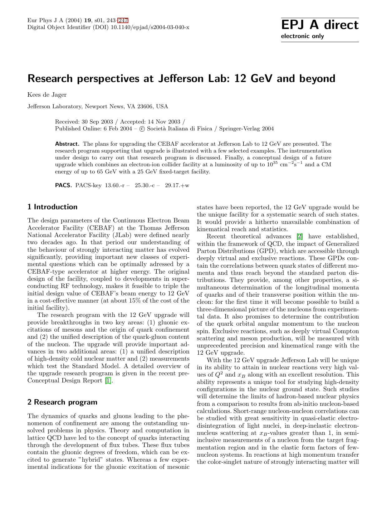 EPJ A direct 19, 1 - Research perspectives at Jefferson Lab: 12 GeV and beyond by Kees de Jager