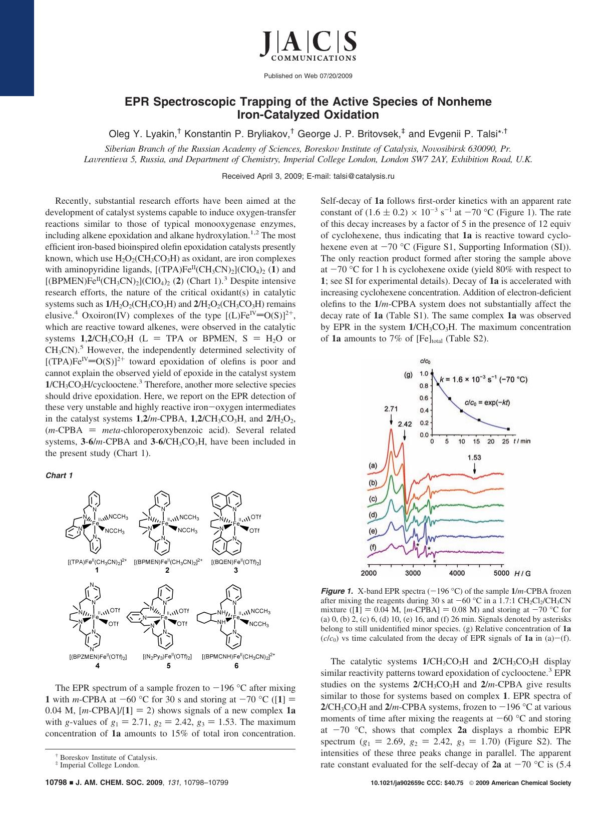 EPR Spectroscopic Trapping of the Active Species of Nonheme Iron-Catalyzed Oxidation by unknow