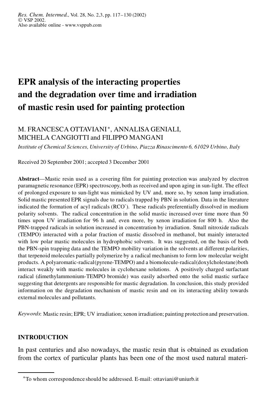 EPR analysis of the interacting properties and the degradation over time and irradiation of mastic resin used for painting protection by Unknown
