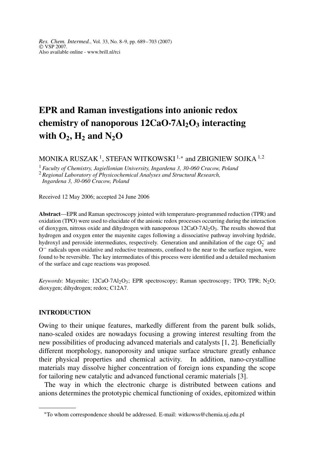 EPR and Raman investigations into anionic redox chemistry of nanoporous 12CaO&#x00B7;7Al<Subscript>2<Subscript>O<Subscript>3<Subscript> interacting with O<Subscript>2<Subscript>, H by Unknown