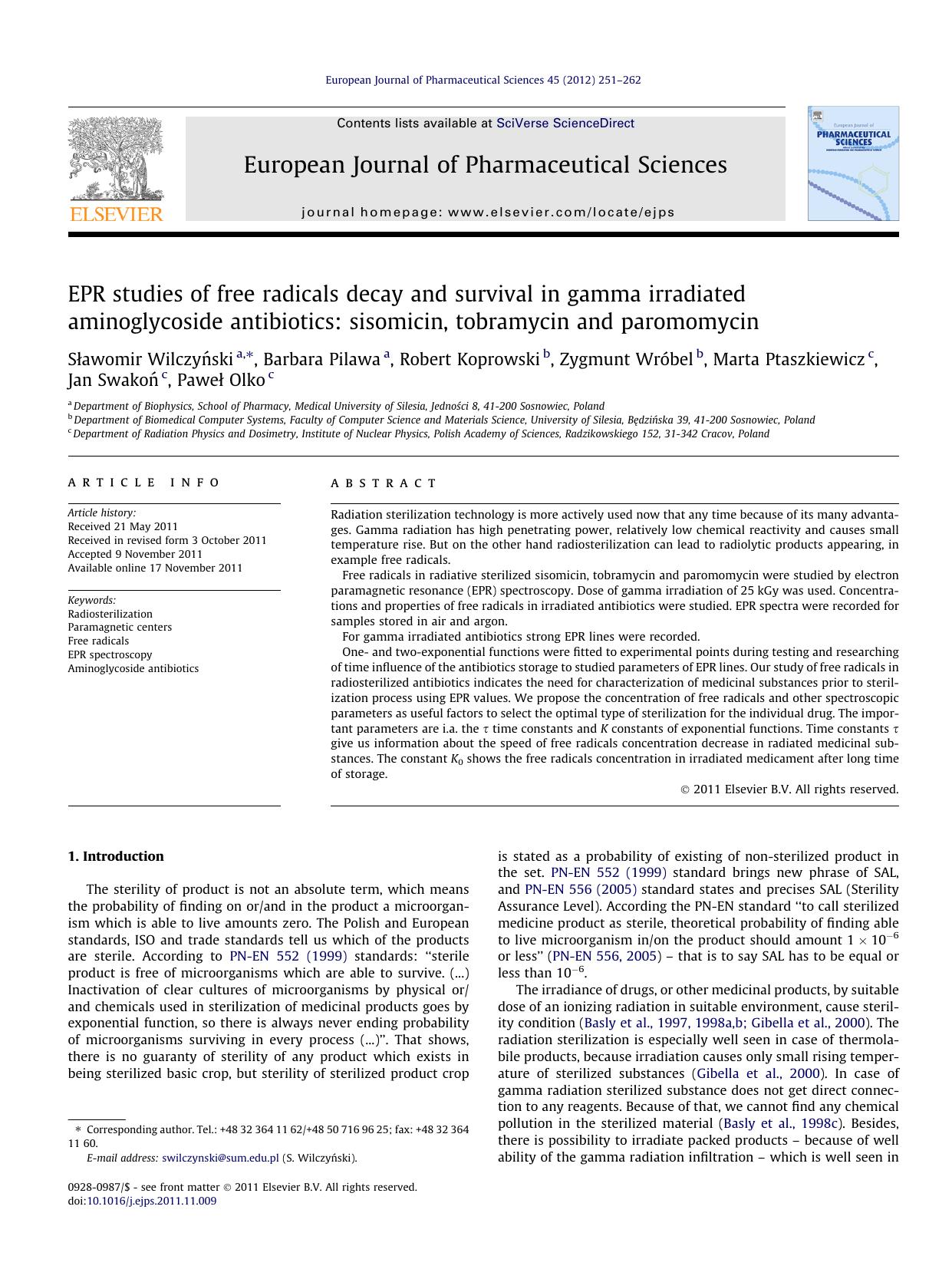 EPR studies of free radicals decay and survival in gamma irradiated aminoglycoside antibiotics: sisomicin, tobramycin and paromomycin by unknow