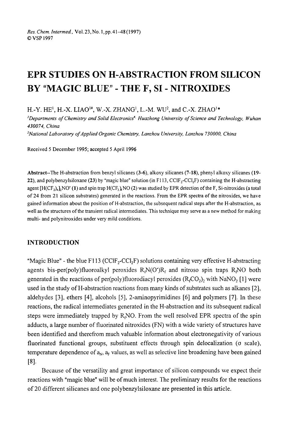 EPR studies on H-abstraction from silicon by “magic blue”-the F, Si-nitroxides by Unknown