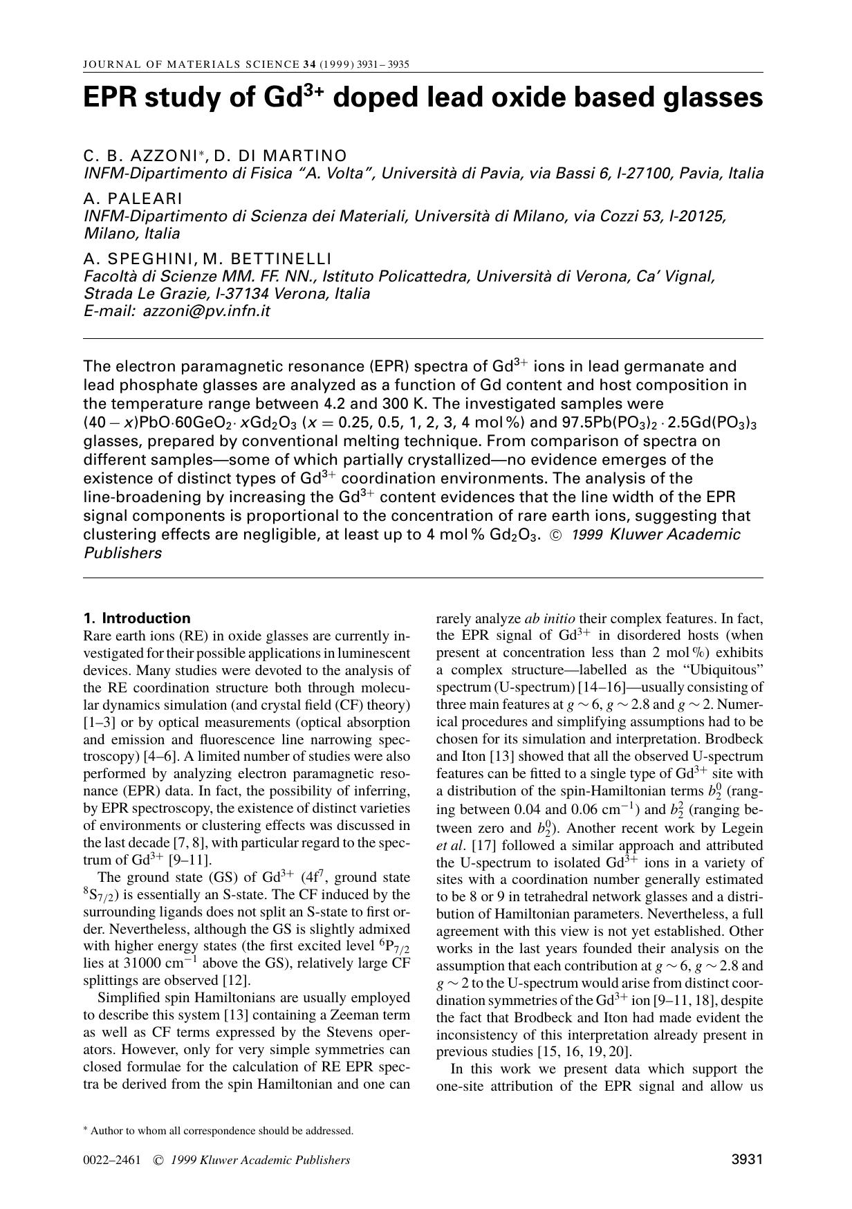 EPR study of Gd3+ doped lead oxide based glasses by Unknown