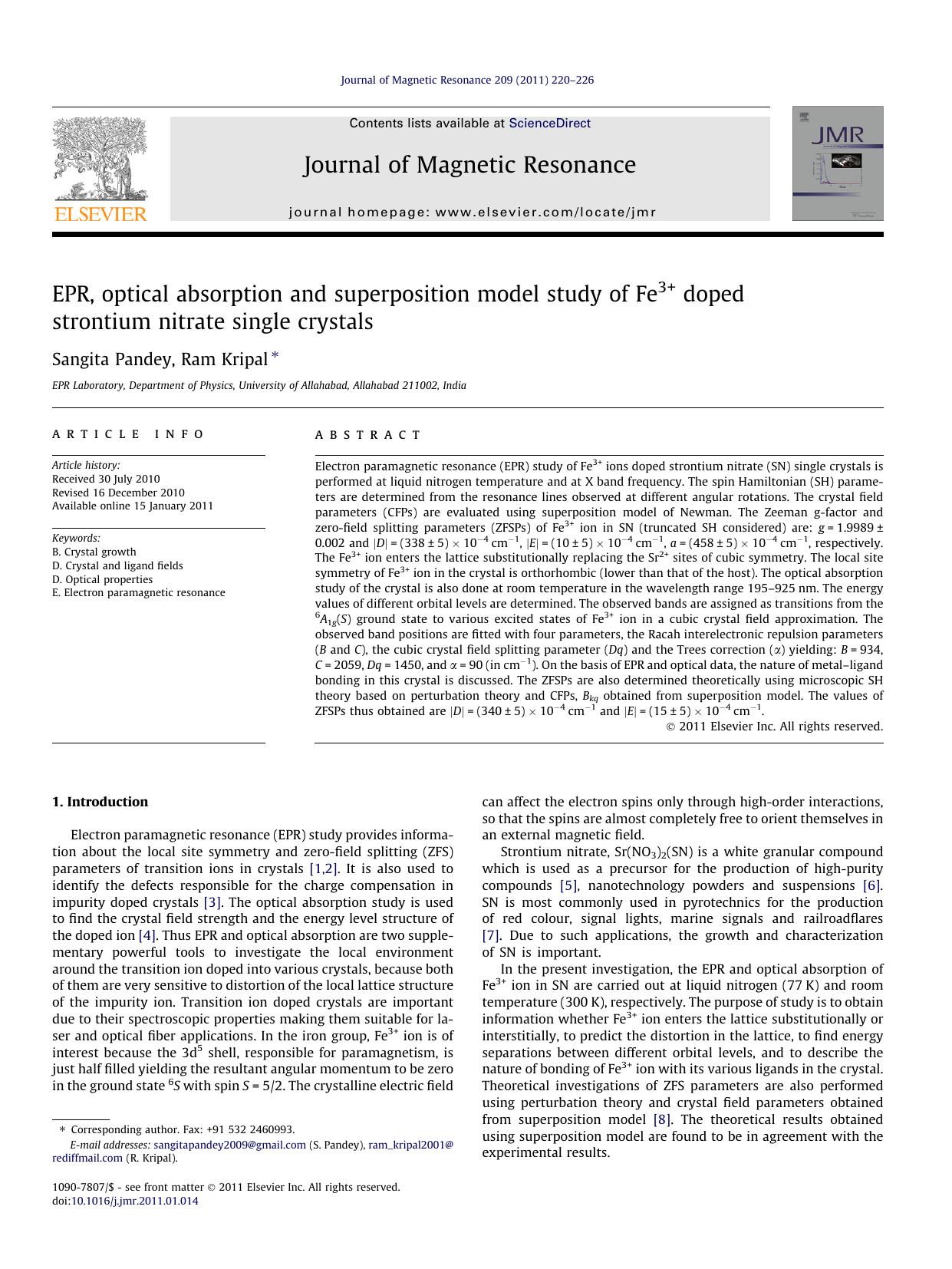 EPR, optical absorption and superposition model study of Fe3+ doped strontium nitrate single crystals by Sangita Pandey & Ram Kripal