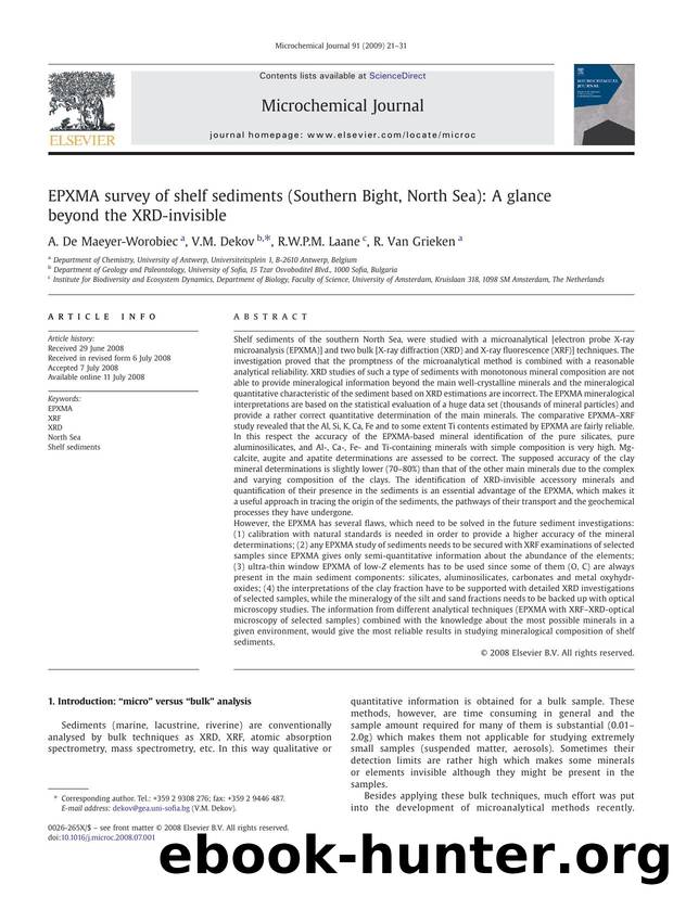 EPXMA survey of shelf sediments (Southern Bight, North Sea): A glance beyond the XRD-invisible by A. De Maeyer-Worobiec; V.M. Dekov; R.W.P.M. Laane; R. Van Grieken