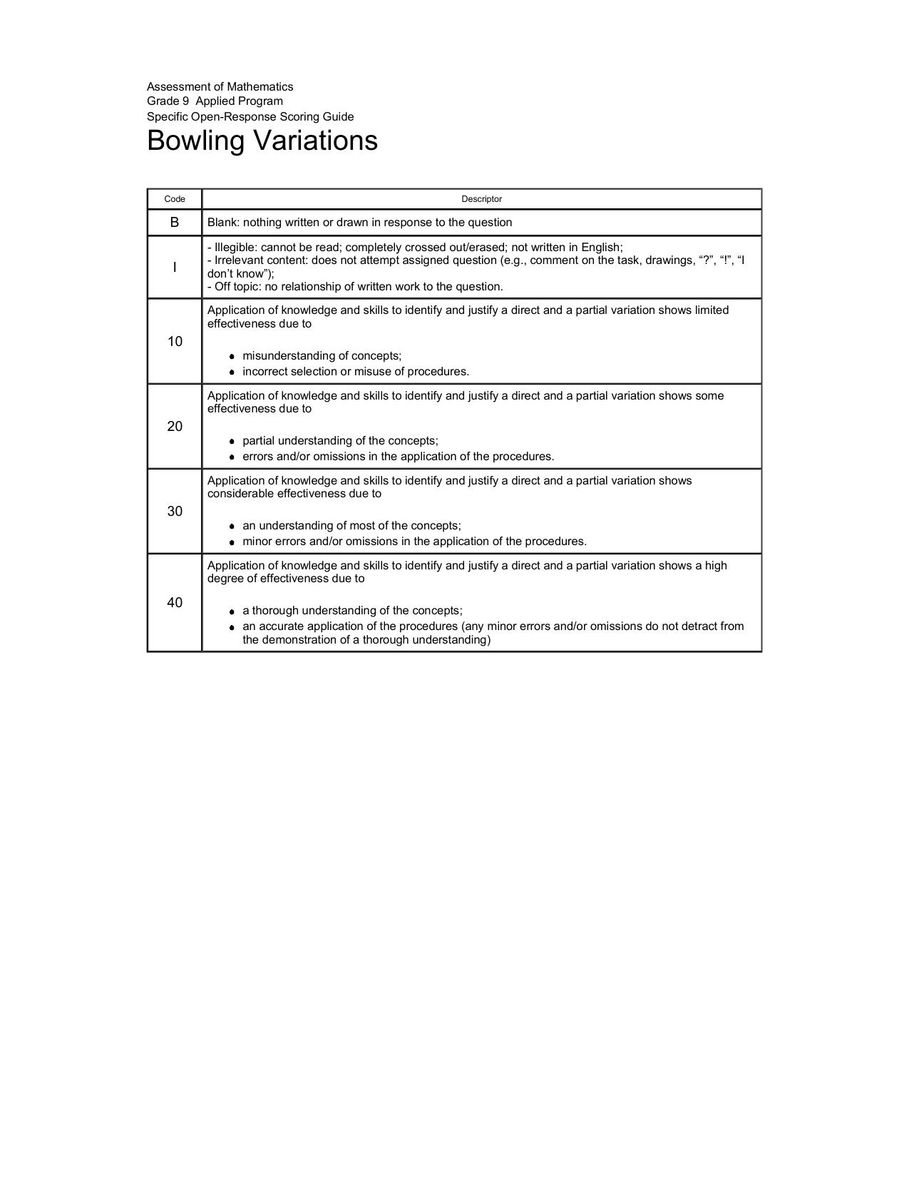 EQAO - Applied - Scoring Guide - Linear Relations by Bowling Variations (2010)